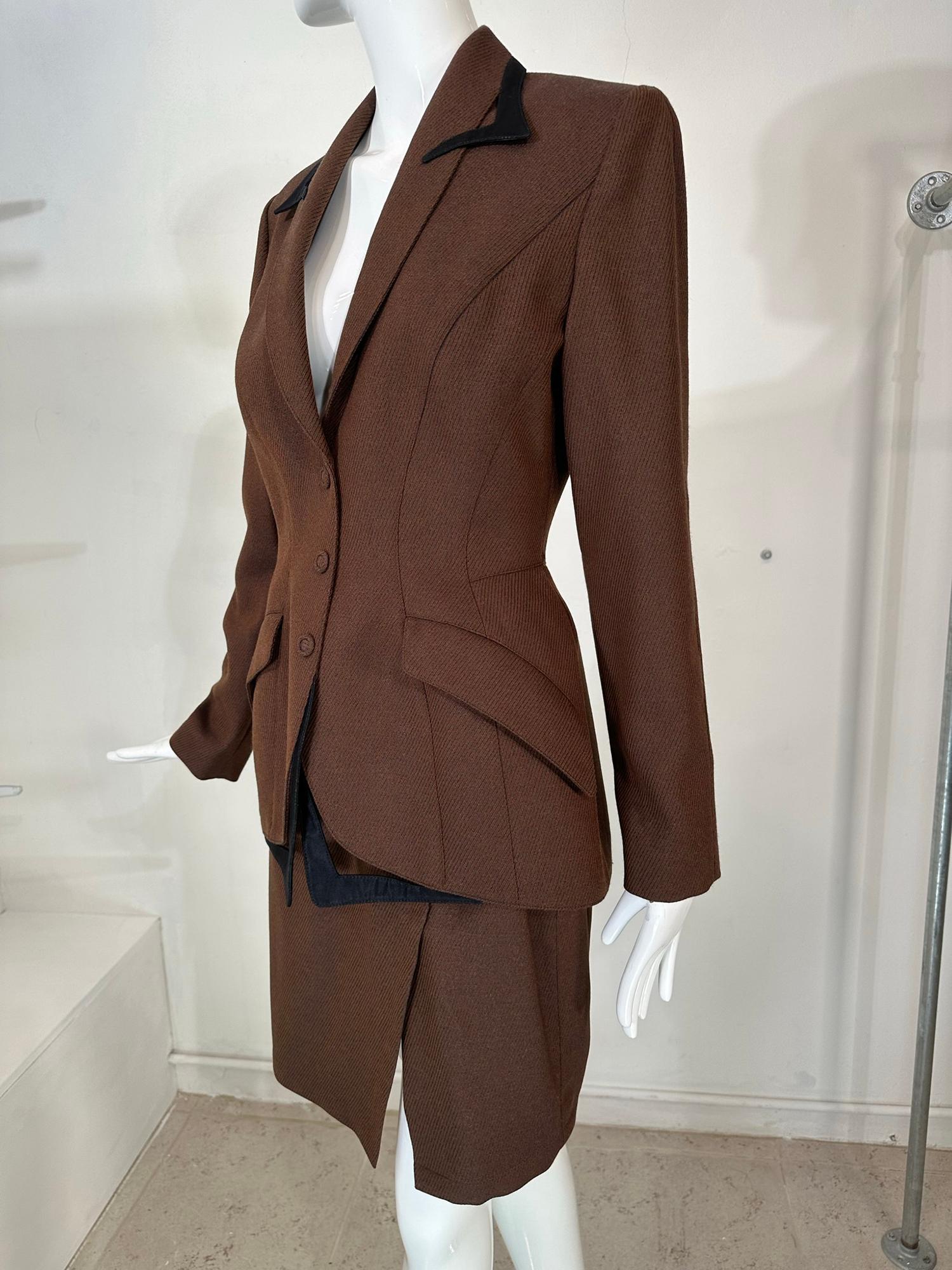 Thierry Mugler Brown Wool Twill Skirt Set Cut Out Collar & Hem 1980s 40 For Sale 4