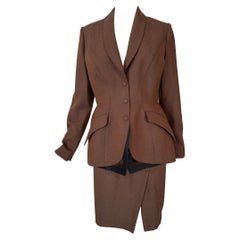 Ensemble jupe en sergé de laine Brown Thierry Mugler Col et ourlet découpés 1980 40