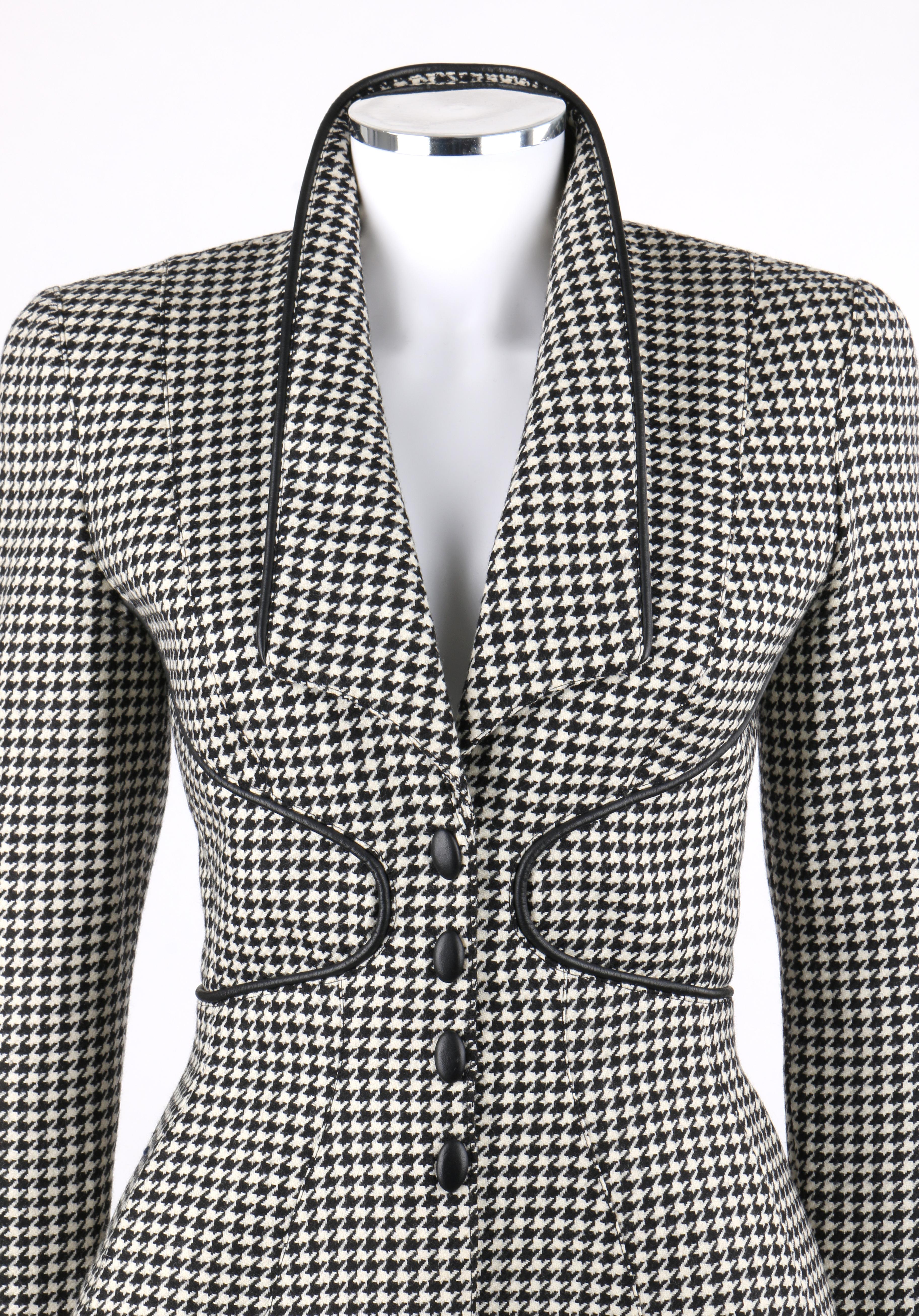 THIERRY MUGLER c.1980’s Black White Houndstooth Dogtooth Fitted Wool Blazer 
 
Circa: 1980’s 
Label(s):  
Style: Blazer 
Color(s): Black, white 
Lined: No
Marked Fabric Content: Exterior: 100% Wool. Lining: 100% Acetate. 
Additional Details /