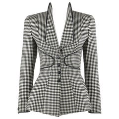 Retro THIERRY MUGLER c.1980’s Black White Houndstooth Dogtooth Fitted Wool Blazer 