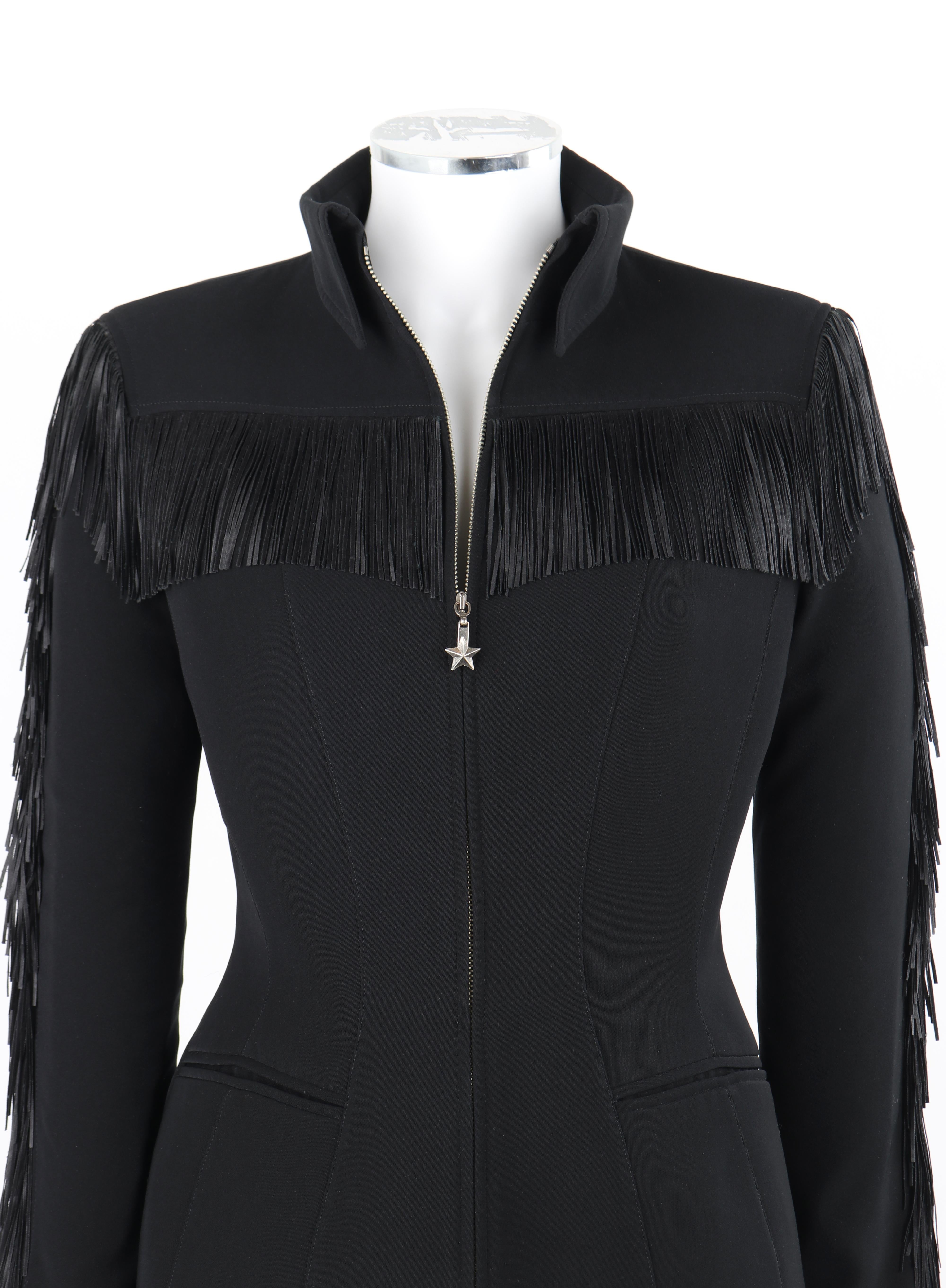 THIERRY MUGLER c.1990's Vtg Black Fringe High Collar Structured Zip Up Jacket  In Good Condition For Sale In Thiensville, WI