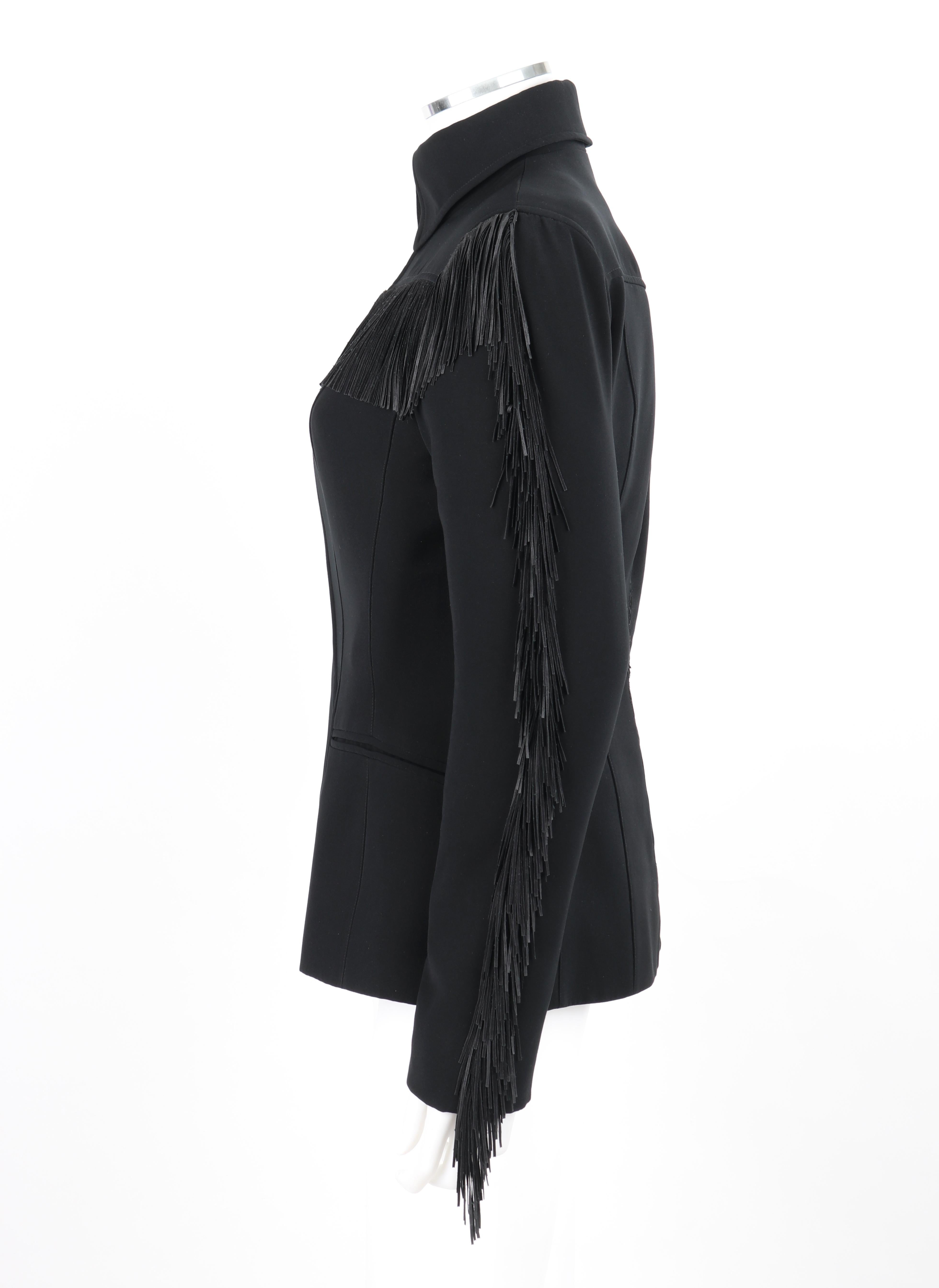 THIERRY MUGLER c.1990's Vtg Black Fringe High Collar Structured Zip Up Jacket  For Sale 2