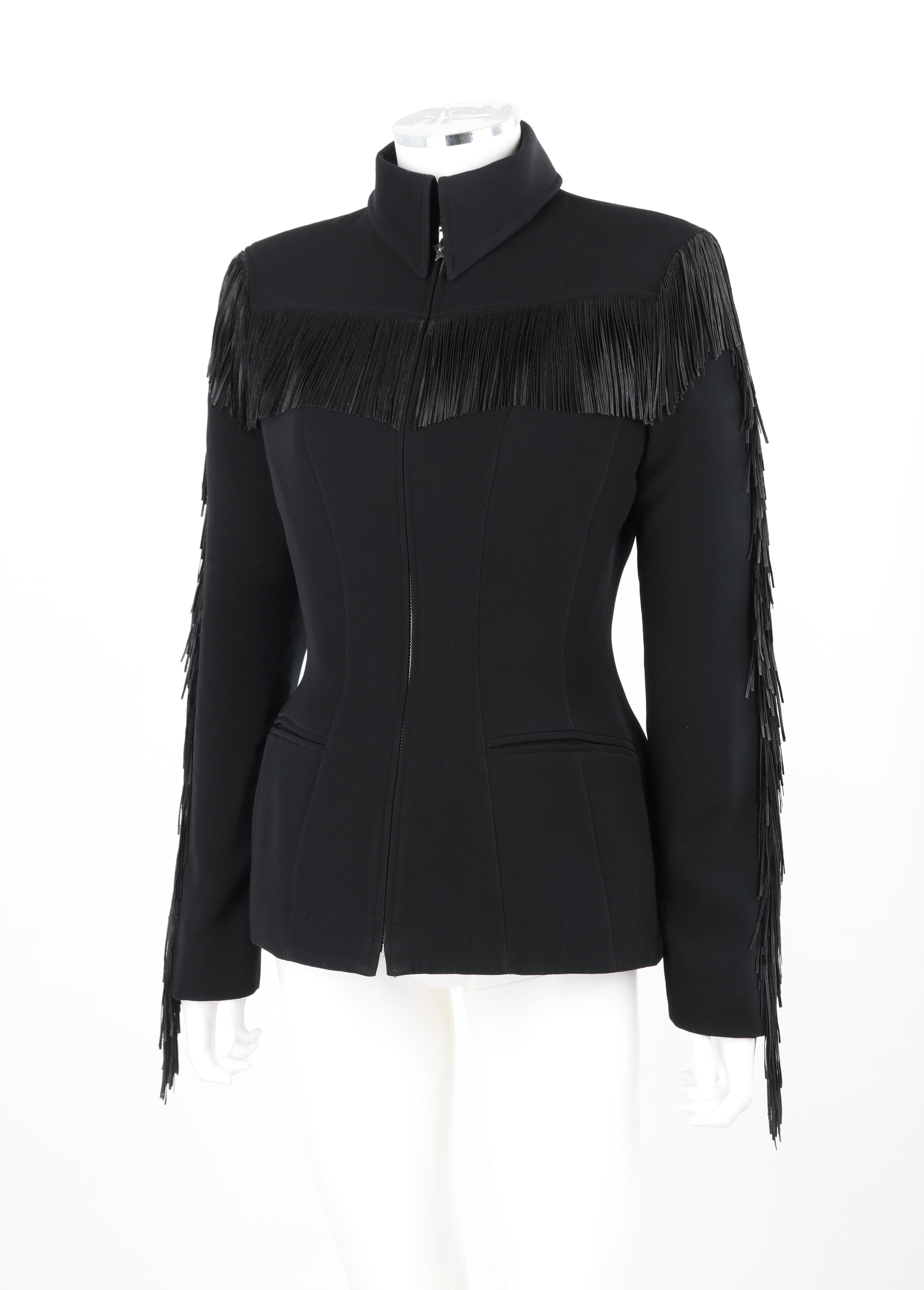 THIERRY MUGLER c.1990's Vtg Black Fringe High Collar Structured Zip Up Jacket  For Sale 3