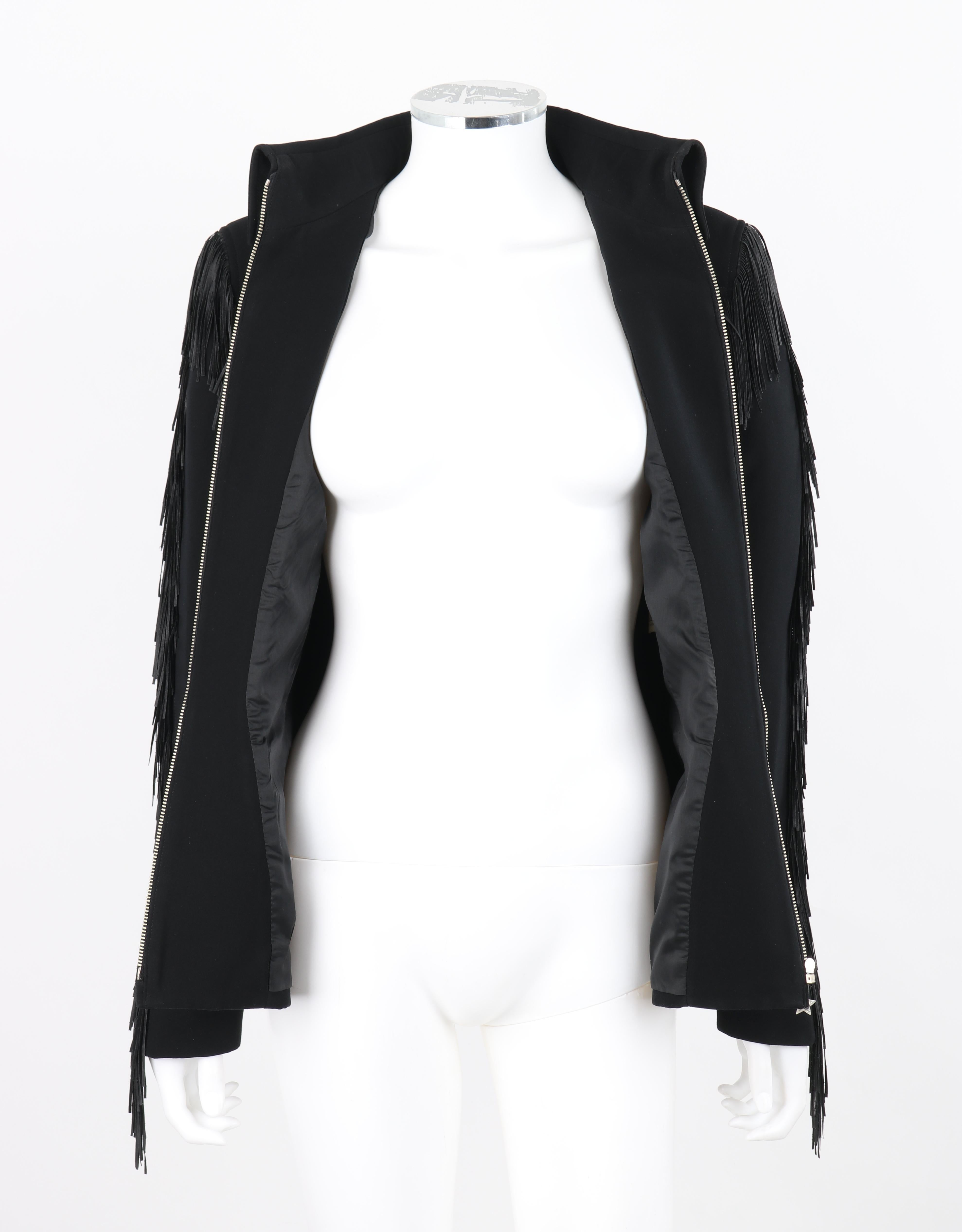 THIERRY MUGLER c.1990's Vtg Black Fringe High Collar Structured Zip Up Jacket  For Sale 4
