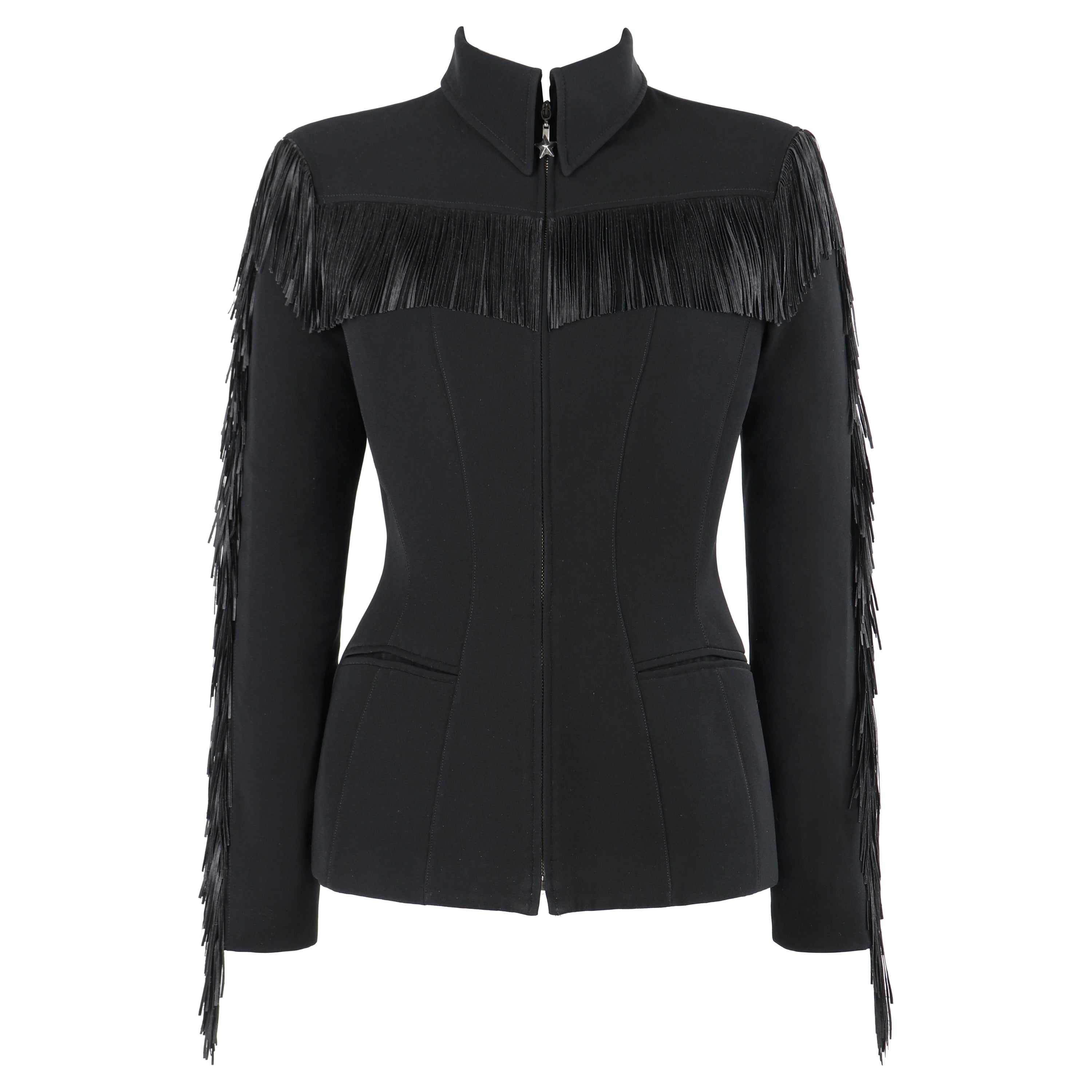 THIERRY MUGLER vtg Veste noire à franges et col haut structuré avec fermeture éclair des années 1990 en vente