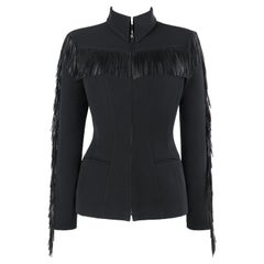 Thierry Mugler c.1990's Vtg Nero Frange Alto Colletto Strutturato Giacca Zip Up