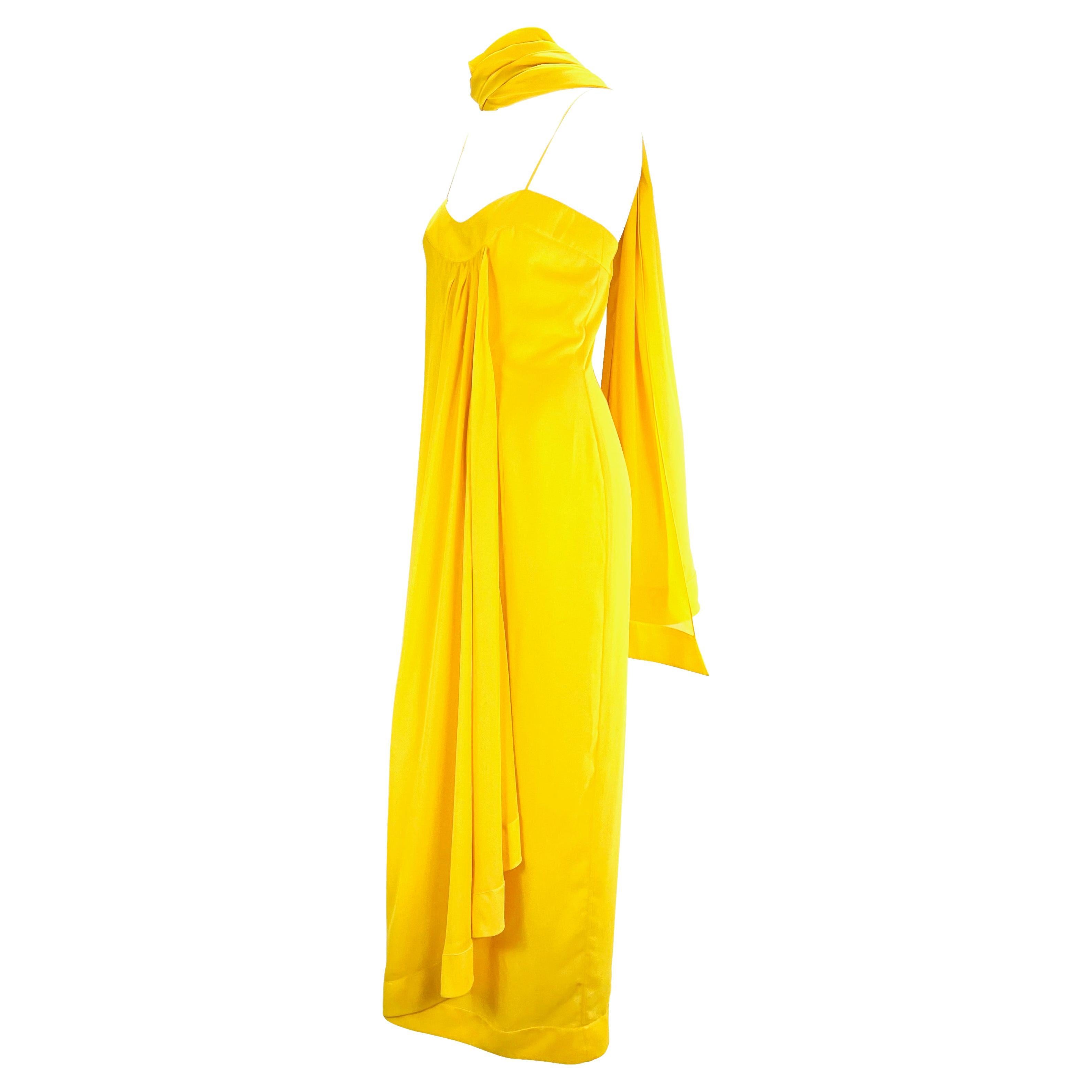 S/S 2000 Thierry Mugler Canary Yellow Chiffon Dress with Matching Shawl For Sale 4