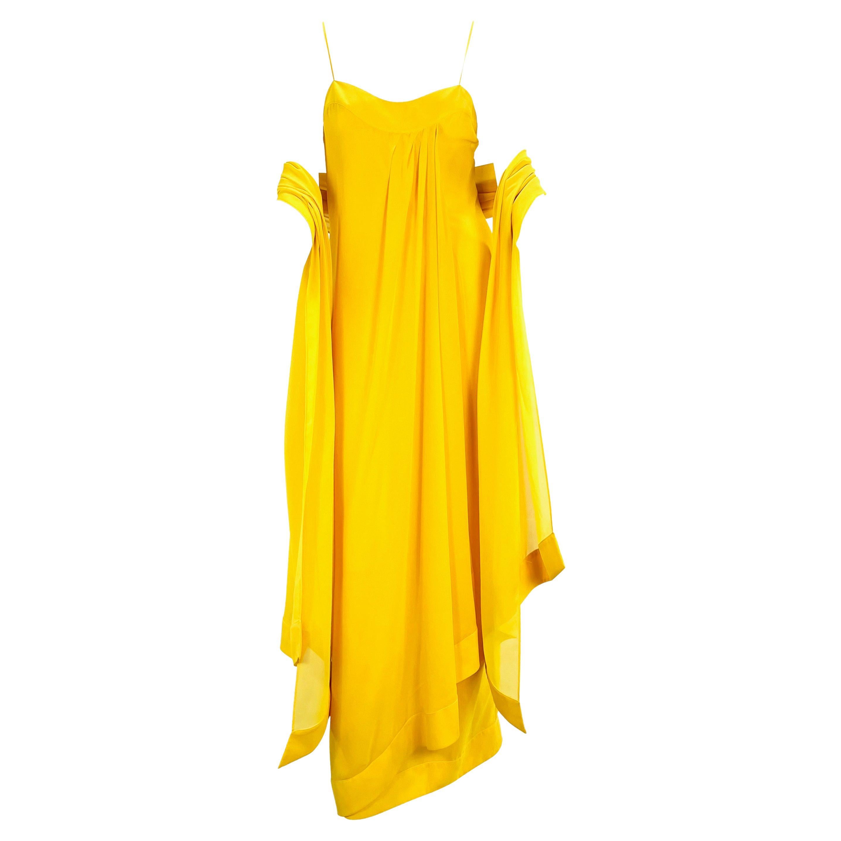 S/S 2000 Thierry Mugler Canary Yellow Chiffon Dress with Matching Shawl For Sale