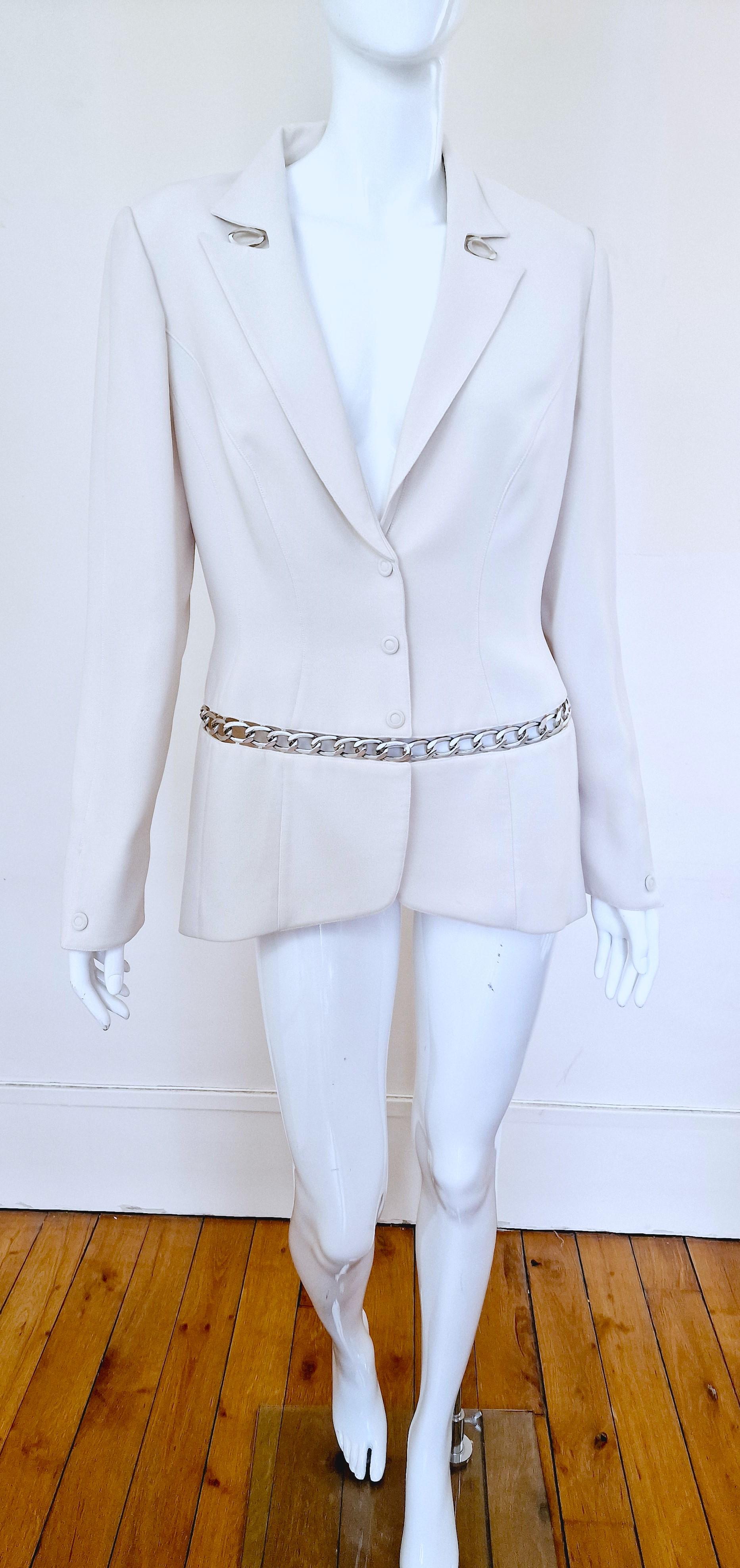 Thierry Mugler Chain Runway Evening Couture White Wasp Waist Large Blazer Jacket For Sale 6