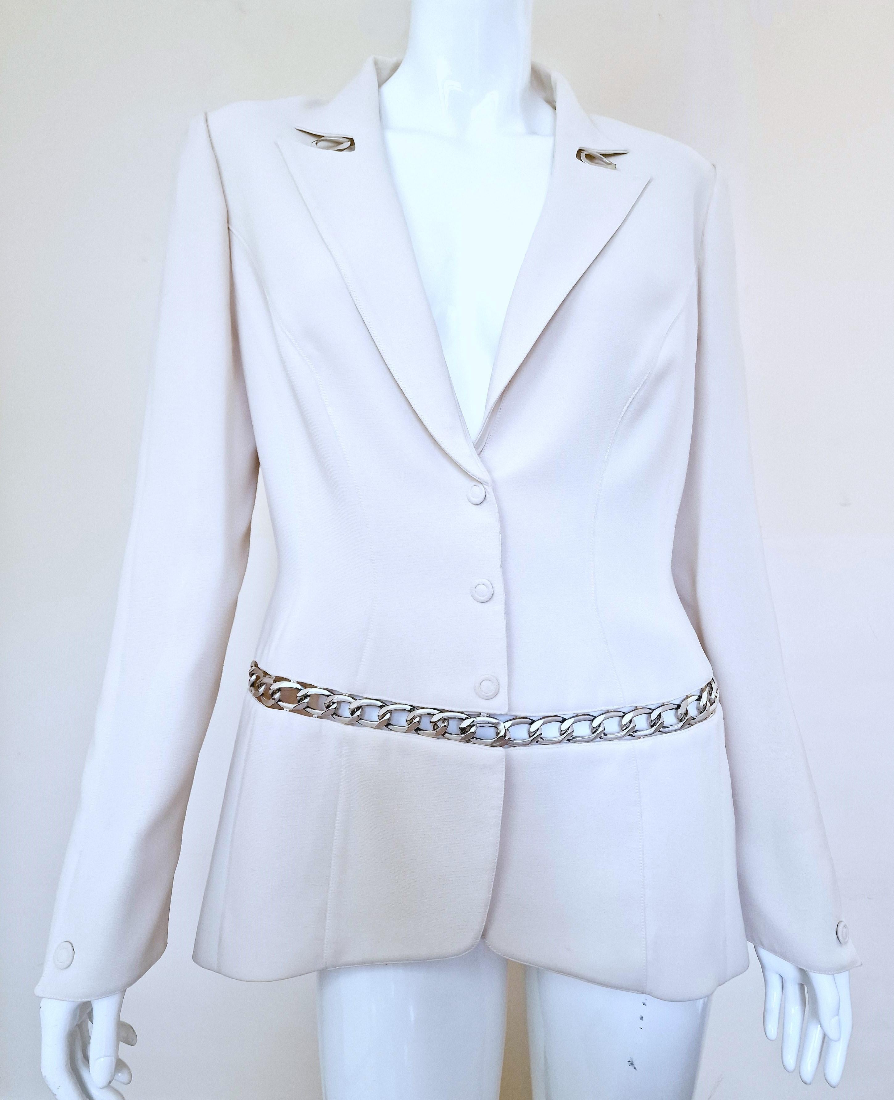 Thierry Mugler Chain Runway Evening Couture White Wasp Waist Large Blazer Jacket For Sale 7
