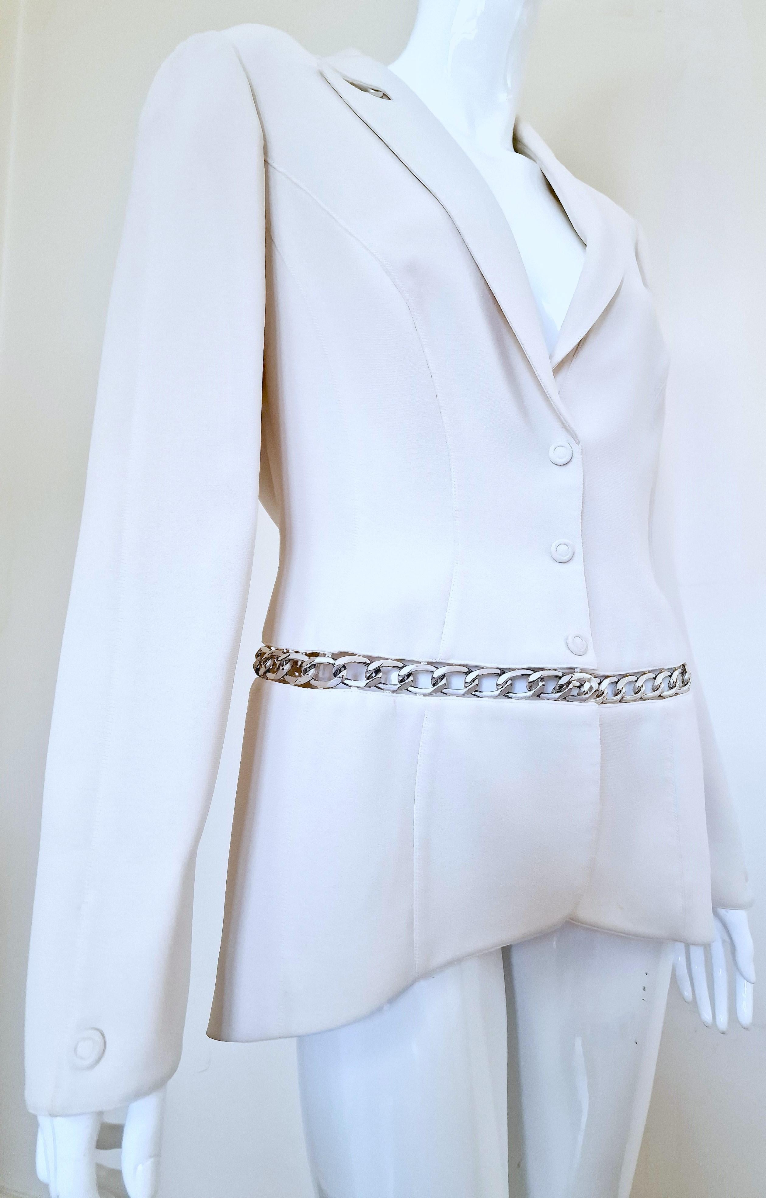 Thierry Mugler Chain Runway Evening Couture White Wasp Waist Large Blazer Jacket In Excellent Condition For Sale In PARIS, FR
