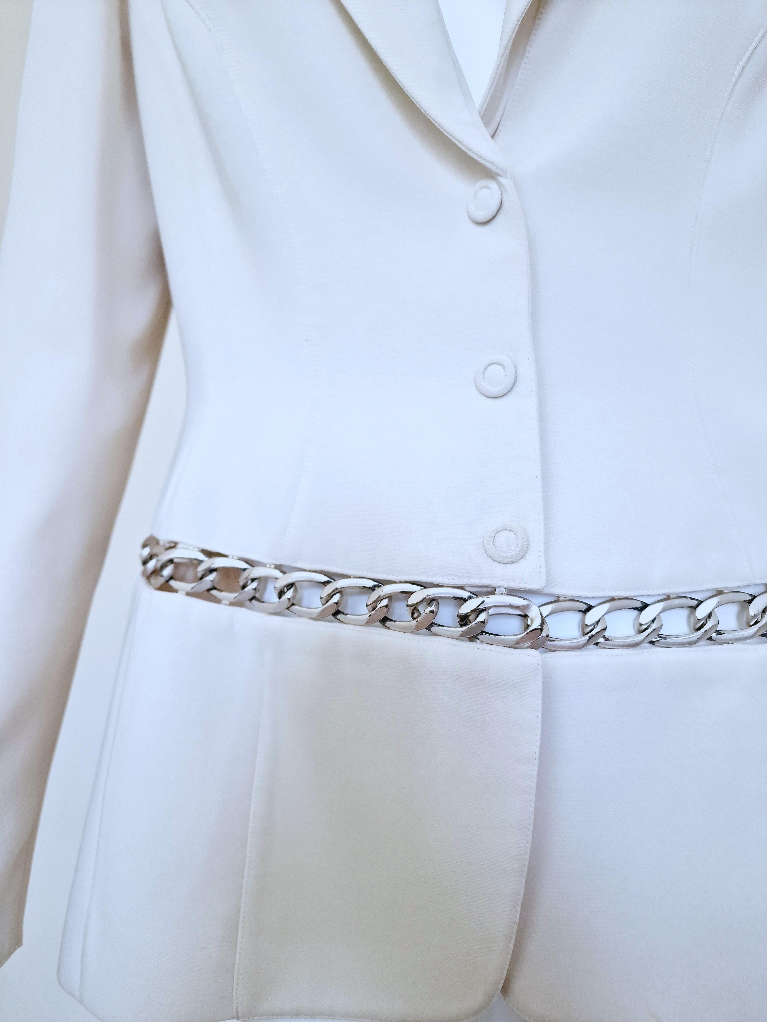 Thierry Mugler Chain Runway Evening Couture White Wasp Waist Large Blazer Jacket For Sale 1