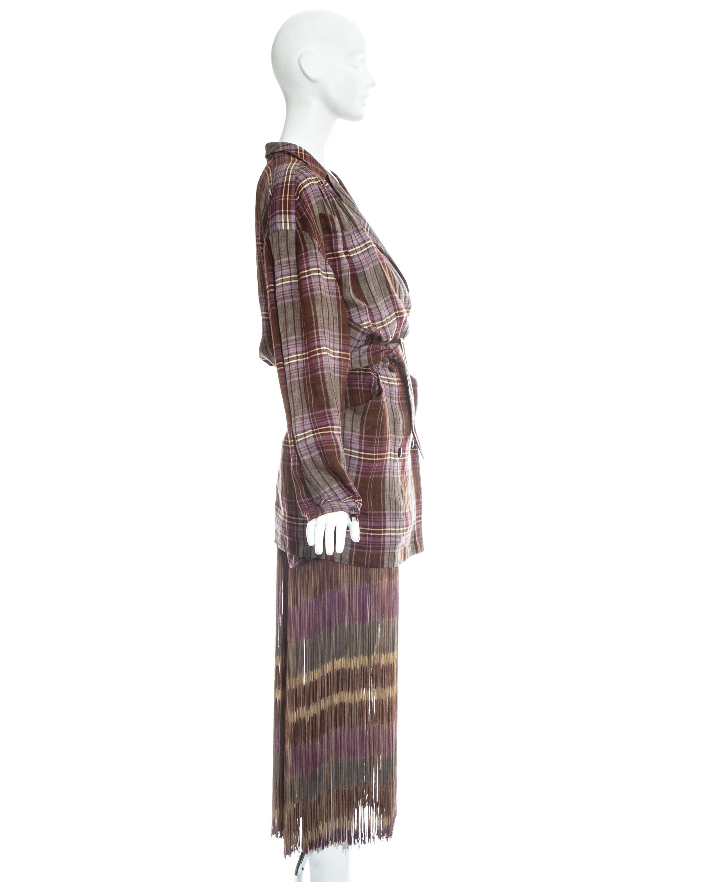 Gray Thierry Mugler checked purple linen fringed skirt suit, ss 1985 For Sale