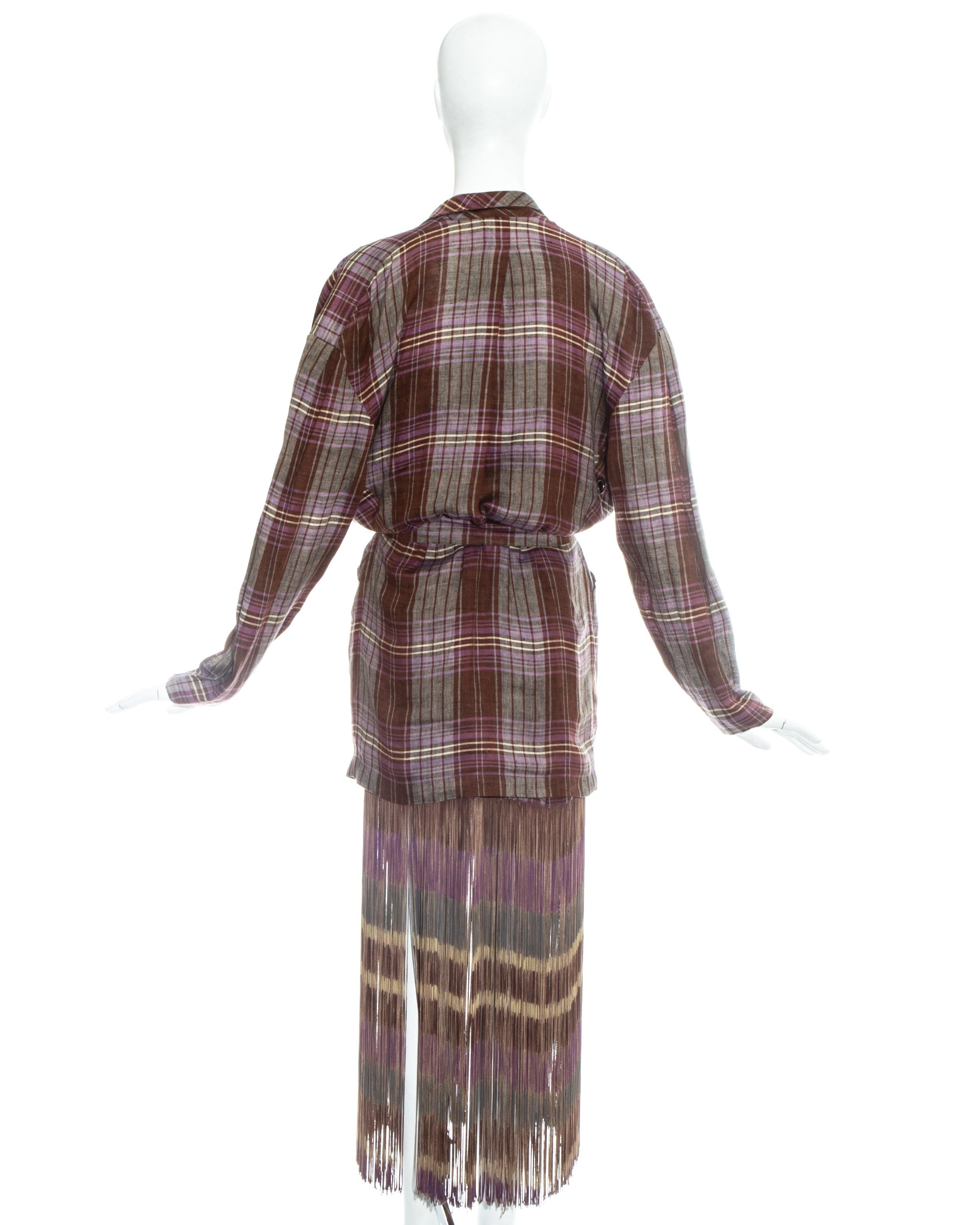 Thierry Mugler checked purple linen fringed skirt suit, ss 1985 In Good Condition For Sale In London, GB