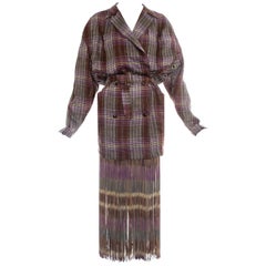 Retro Thierry Mugler checked purple linen fringed skirt suit, ss 1985
