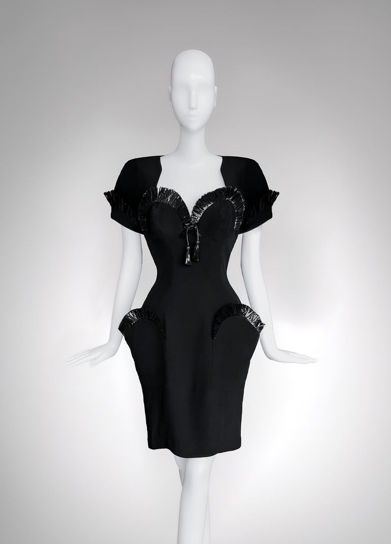Thierry Mugler Cocktail Dress RAFFIA SS 1995 Black Dramatic Scultural For  Sale at 1stDibs