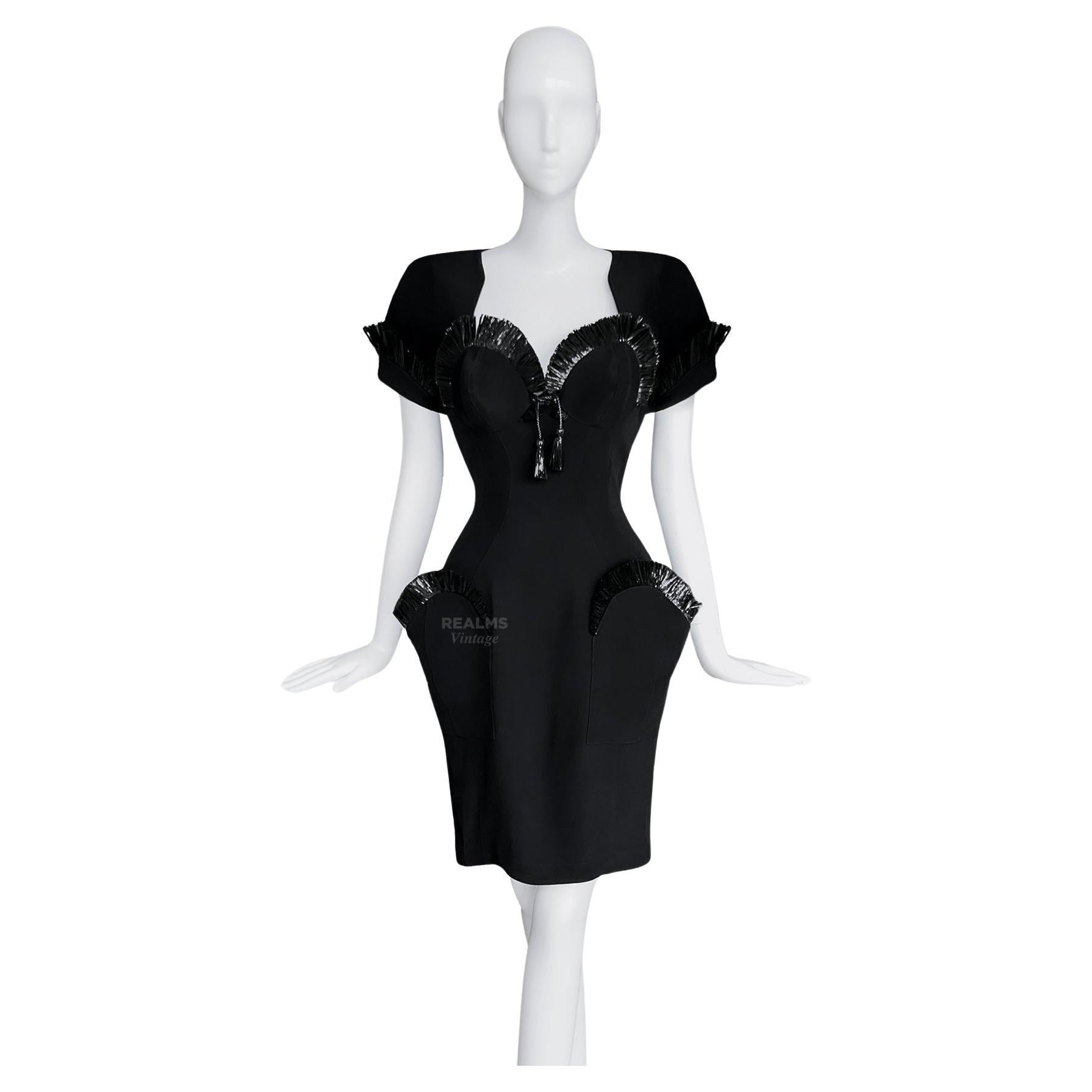Thierry Mugler Cocktail Dress RAFFIA SS 1995 Black Dramatic Scultural For Sale
