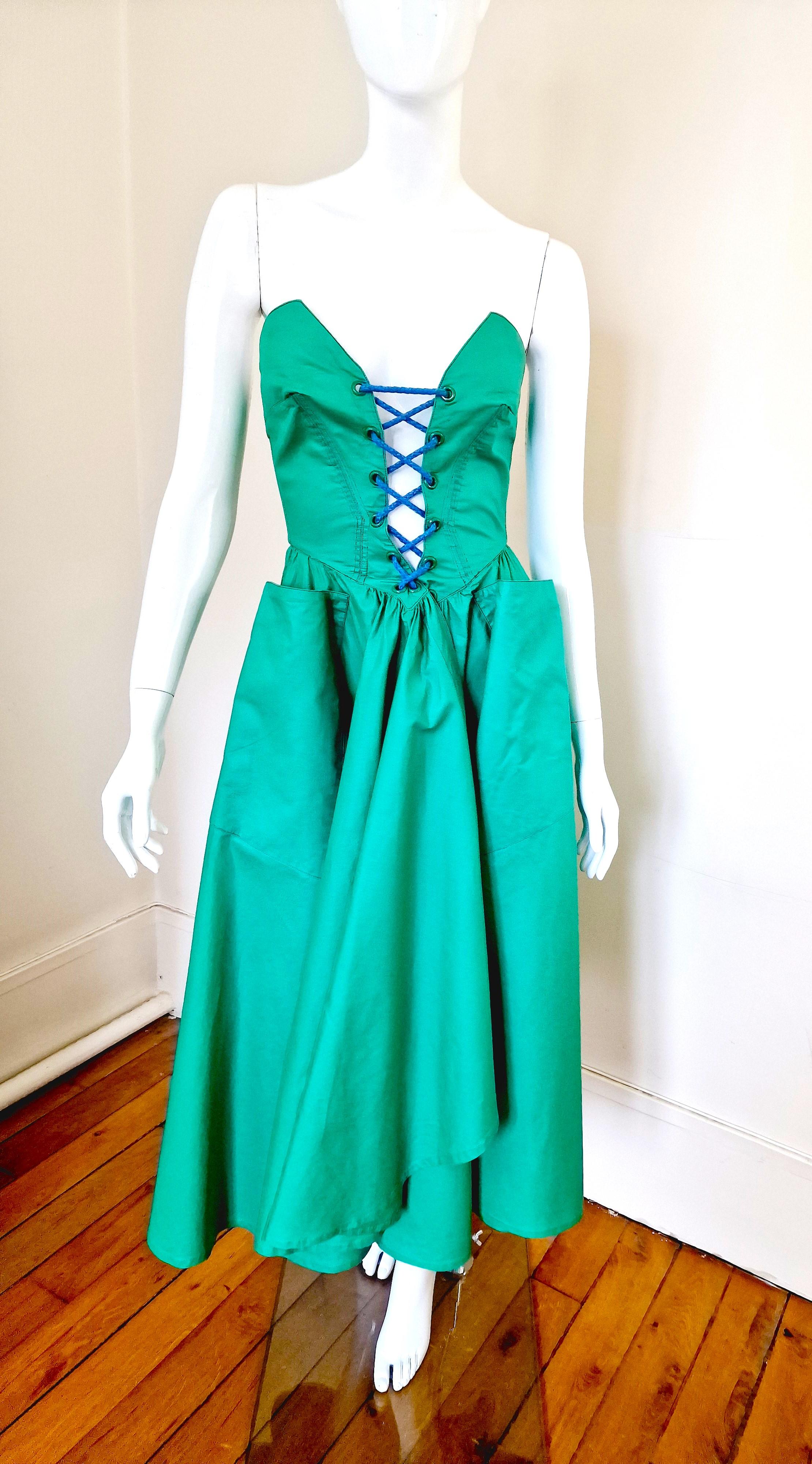 Thierry Mugler Corset Lace Up Green Vintage Couture Gown Prom Bustier Dress en vente 9