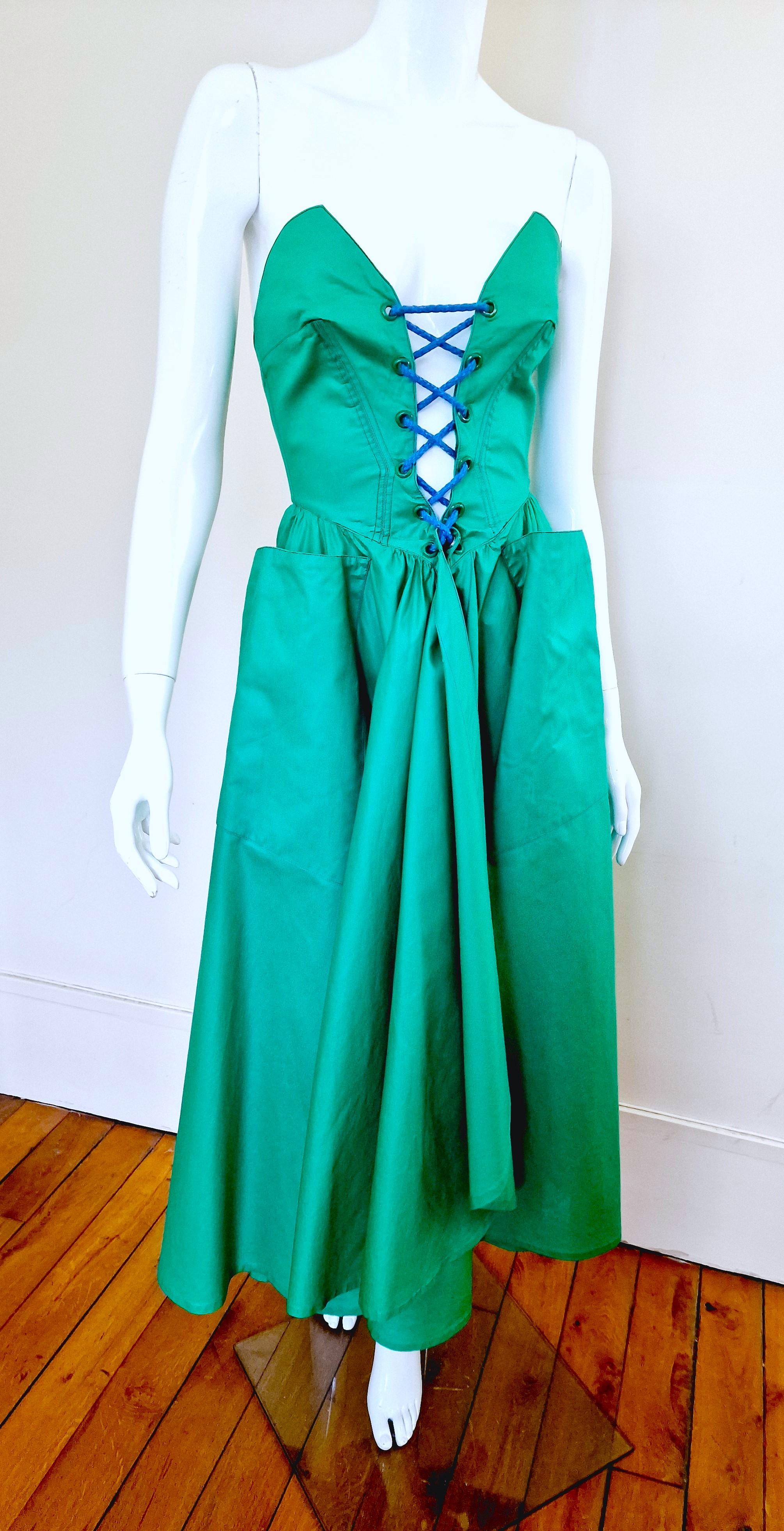 Thierry Mugler Corset Lace Up Green Vintage Couture Gown Prom Bustier Dress Excellent état - En vente à PARIS, FR