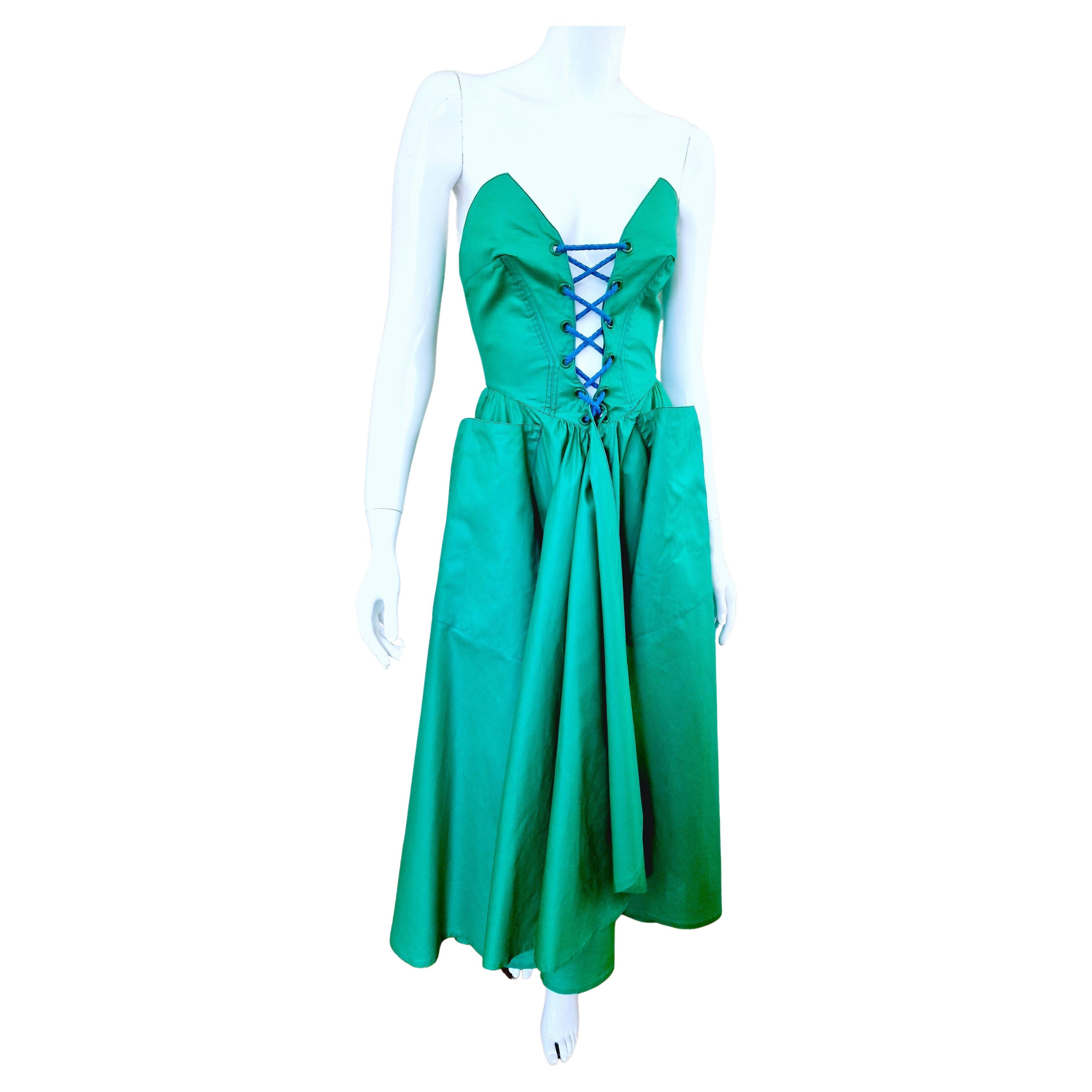 Thierry Mugler Corset Lace Up Green Vintage Couture Gown Prom Bustier Dress en vente