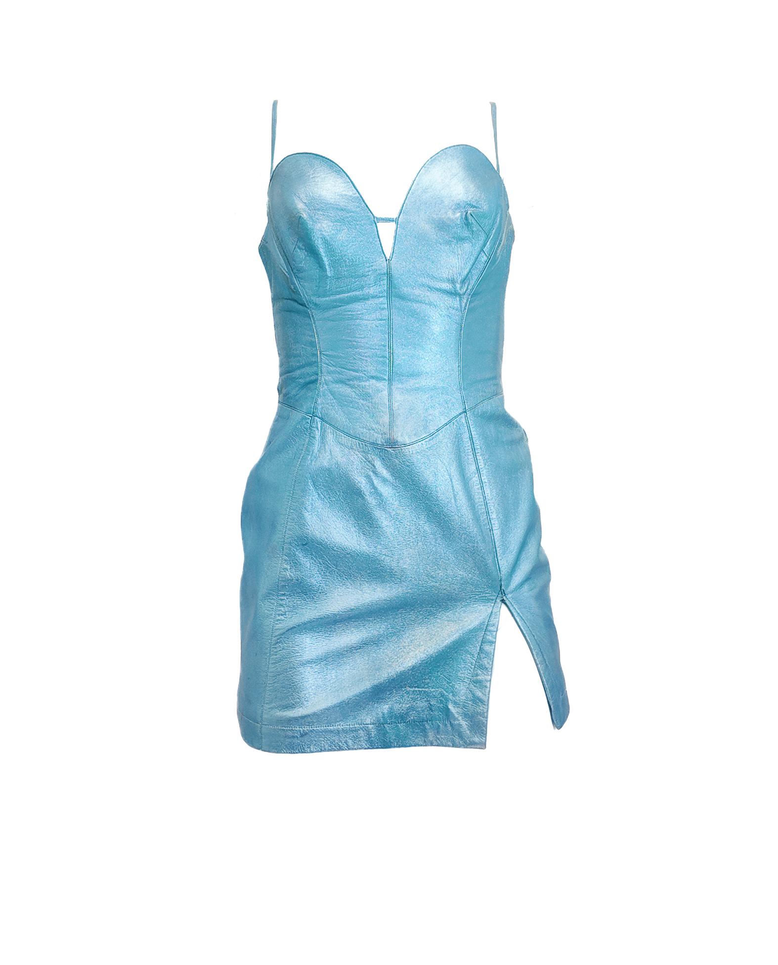 Mini robe en cuir métallisé bleu glacier Thierry Mugler Couture 1980 en vente 2