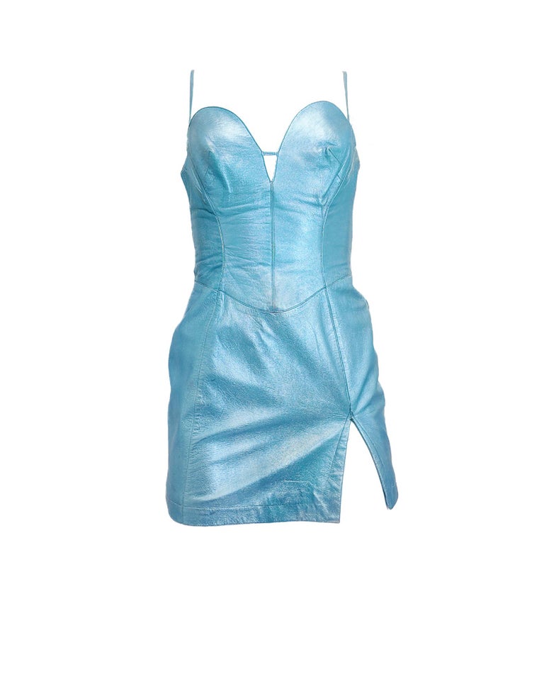 Thierry Mugler Couture Ice Blue Metallic Leather Mini Dress For Sale at  1stDibs