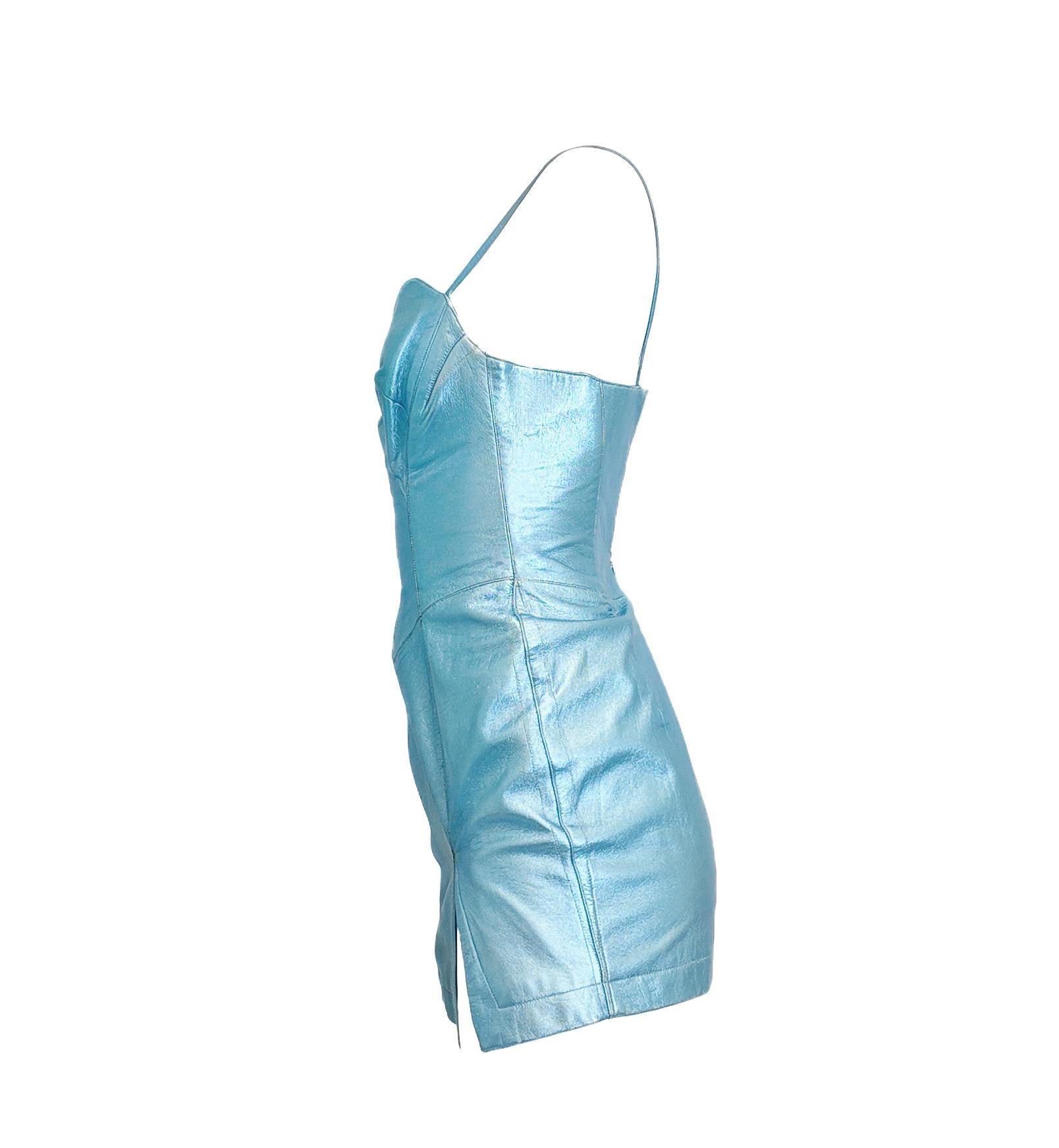 Mini robe en cuir métallisé bleu glacier Thierry Mugler Couture 1980 en vente 3