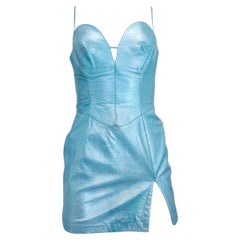 Mini robe en cuir métallisé bleu glacier Thierry Mugler Couture 1980