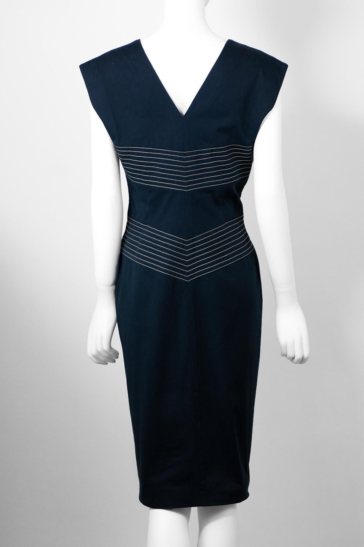 THIERRY MUGLER COUTURE 2000's Navy Hourglass Pencil Dress In Excellent Condition For Sale In Berlin, BE