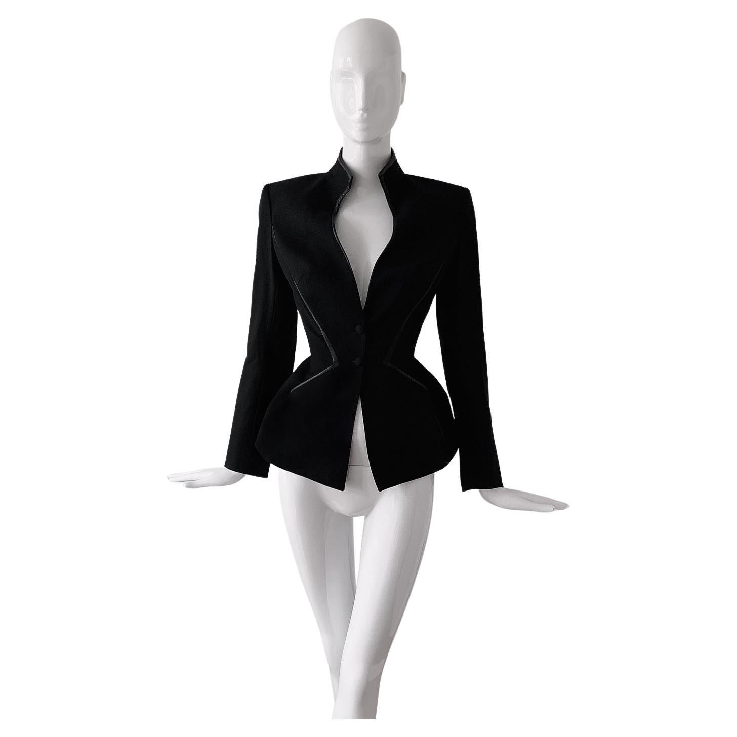 Thierry Mugler Couture Blazer Sculptural Noir Veste ZigZag Détails en cuir  en vente