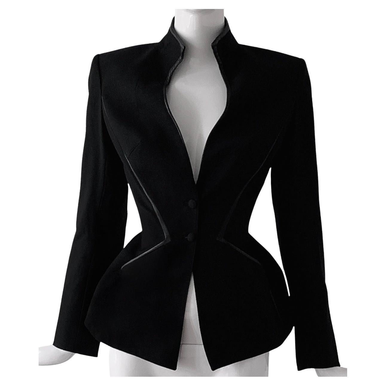 Thierry Mugler Couture Blazer Sculptural Black Jacket ZigZag Leather Details