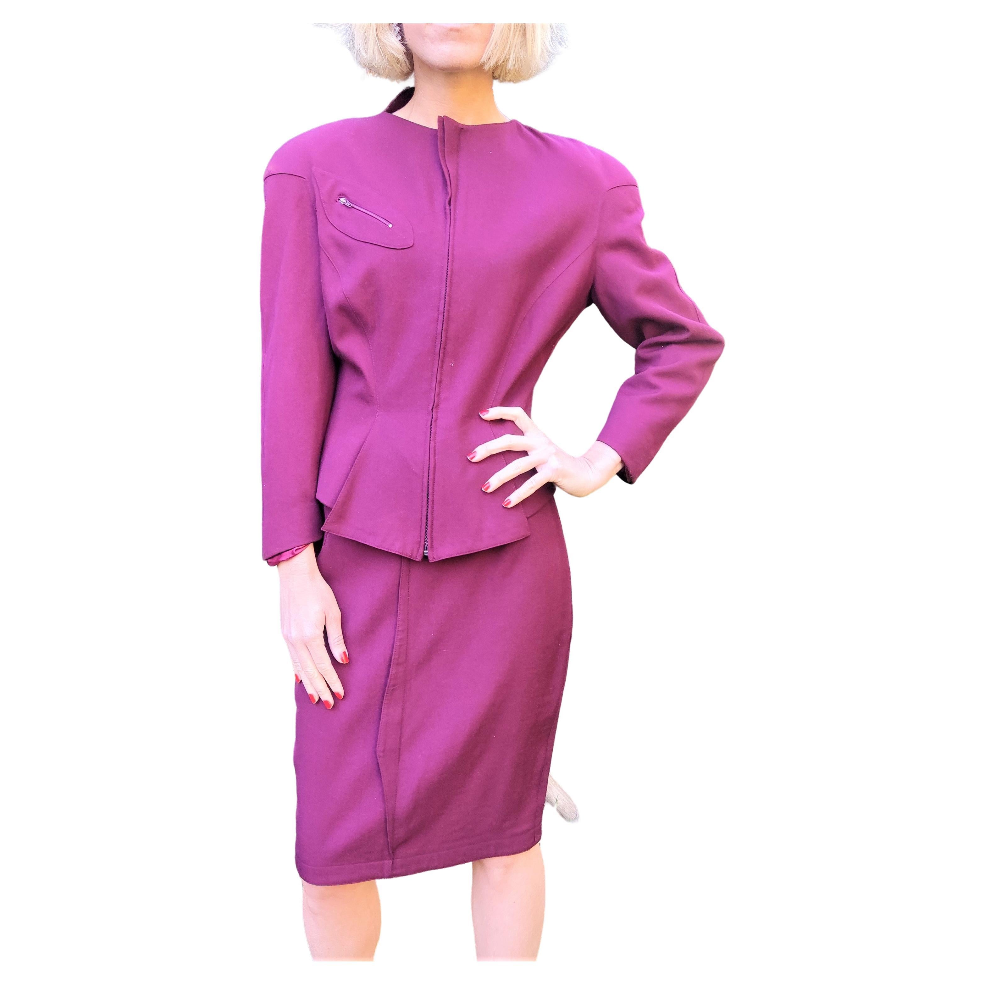 Thierry Mugler Couture Bordeaux Sculpture Red Elegant Vintage Jacket Skirt Suit For Sale