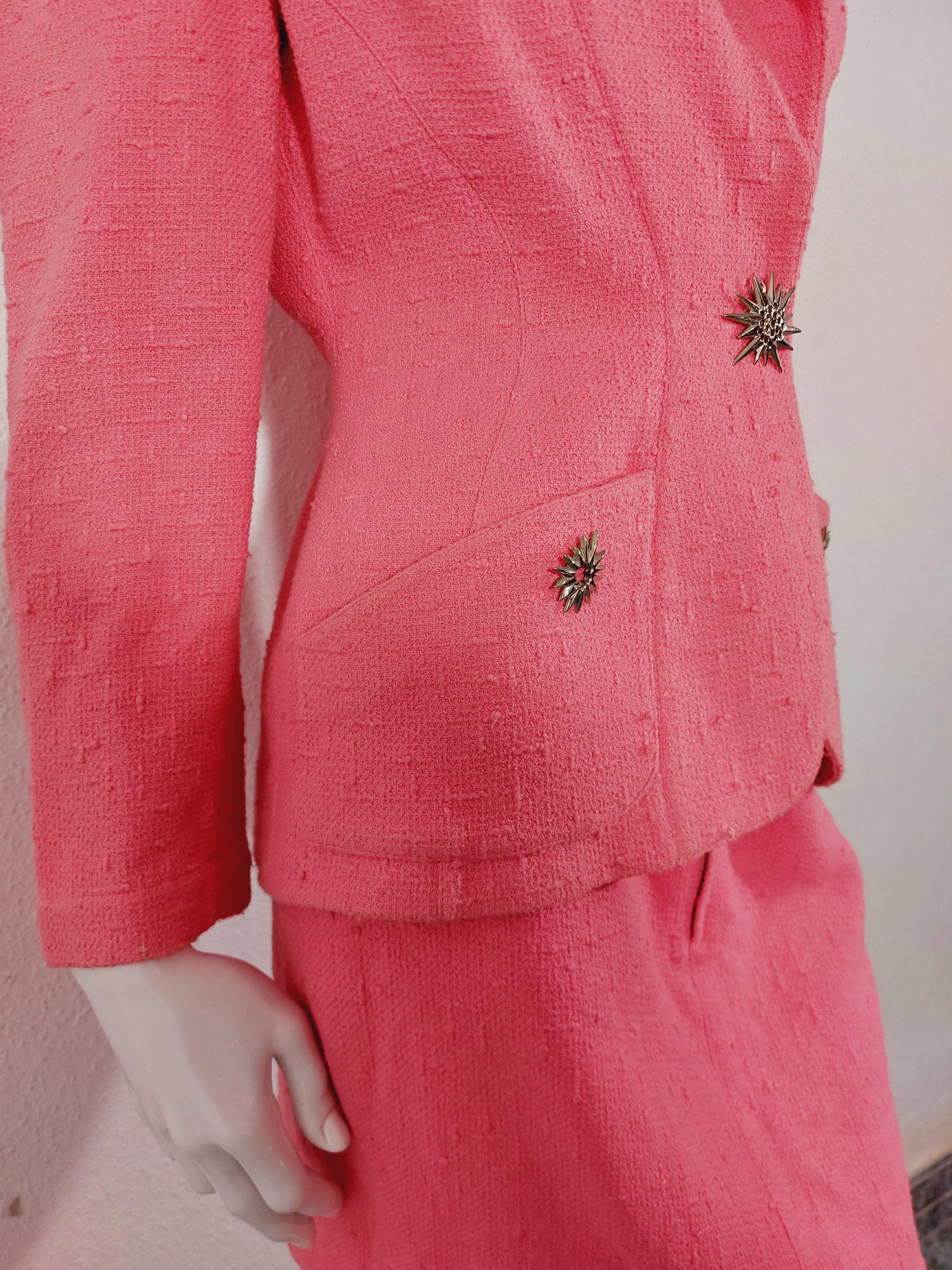 Thierry Mugler Couture Brooch FW 1990 Pin Pink Badge Blazer Skirt Suit Set For Sale 6