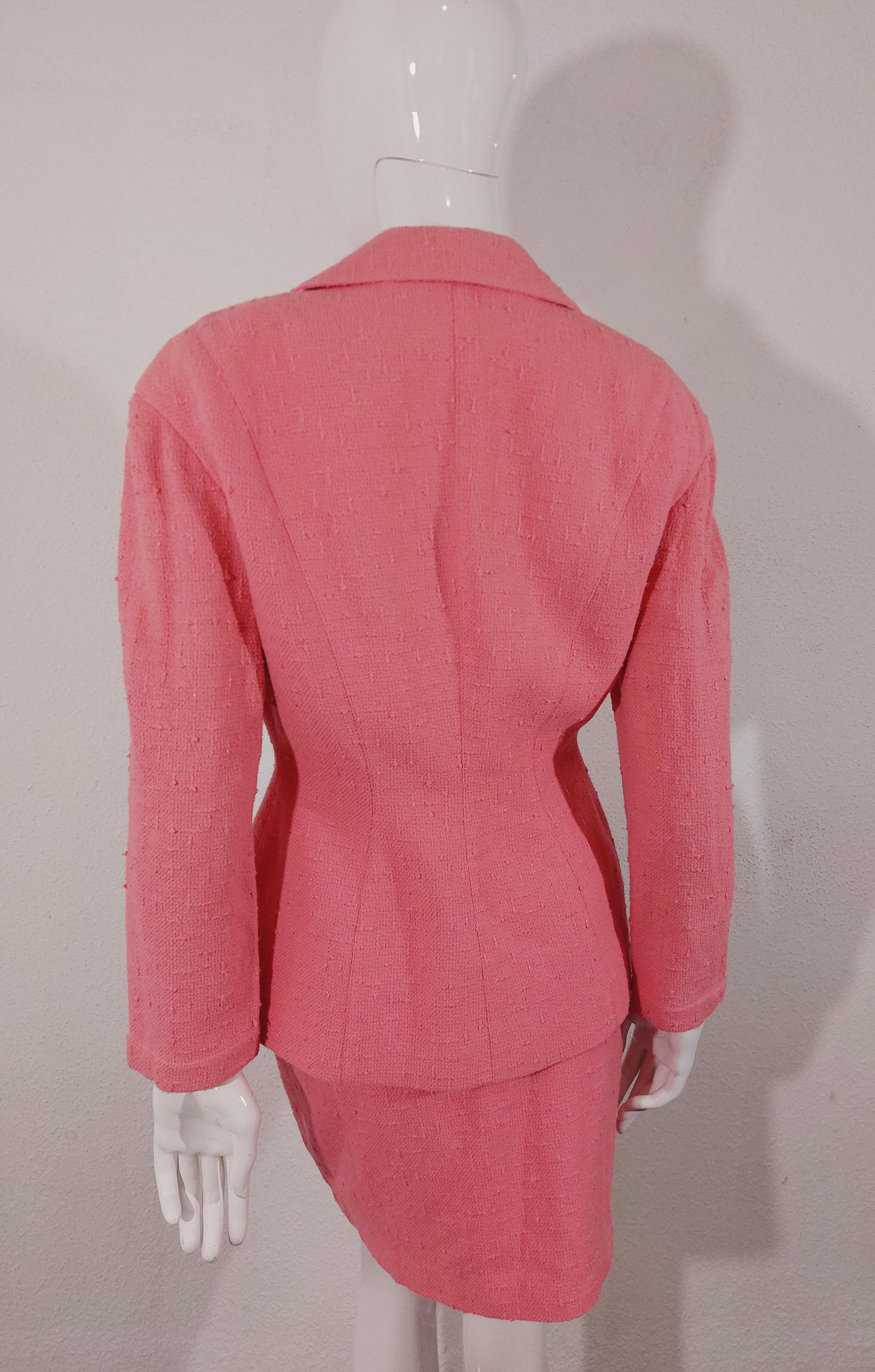 Thierry Mugler Couture Brooch FW 1990 Pin Pink Badge Blazer Skirt Suit Set For Sale 11