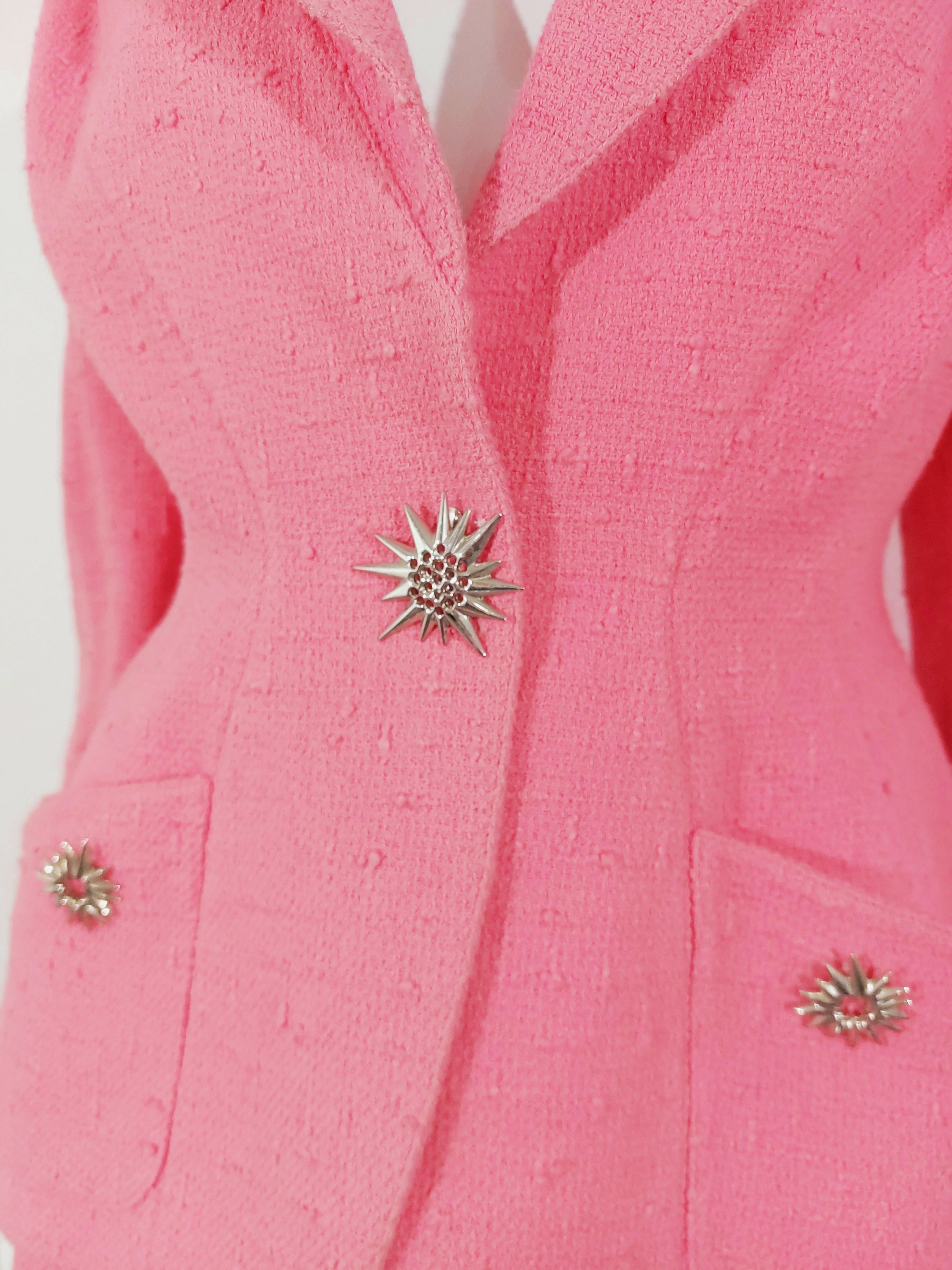 Thierry Mugler Couture Brooch FW 1990 Pin Pink Badge Blazer Skirt Suit Set For Sale 3