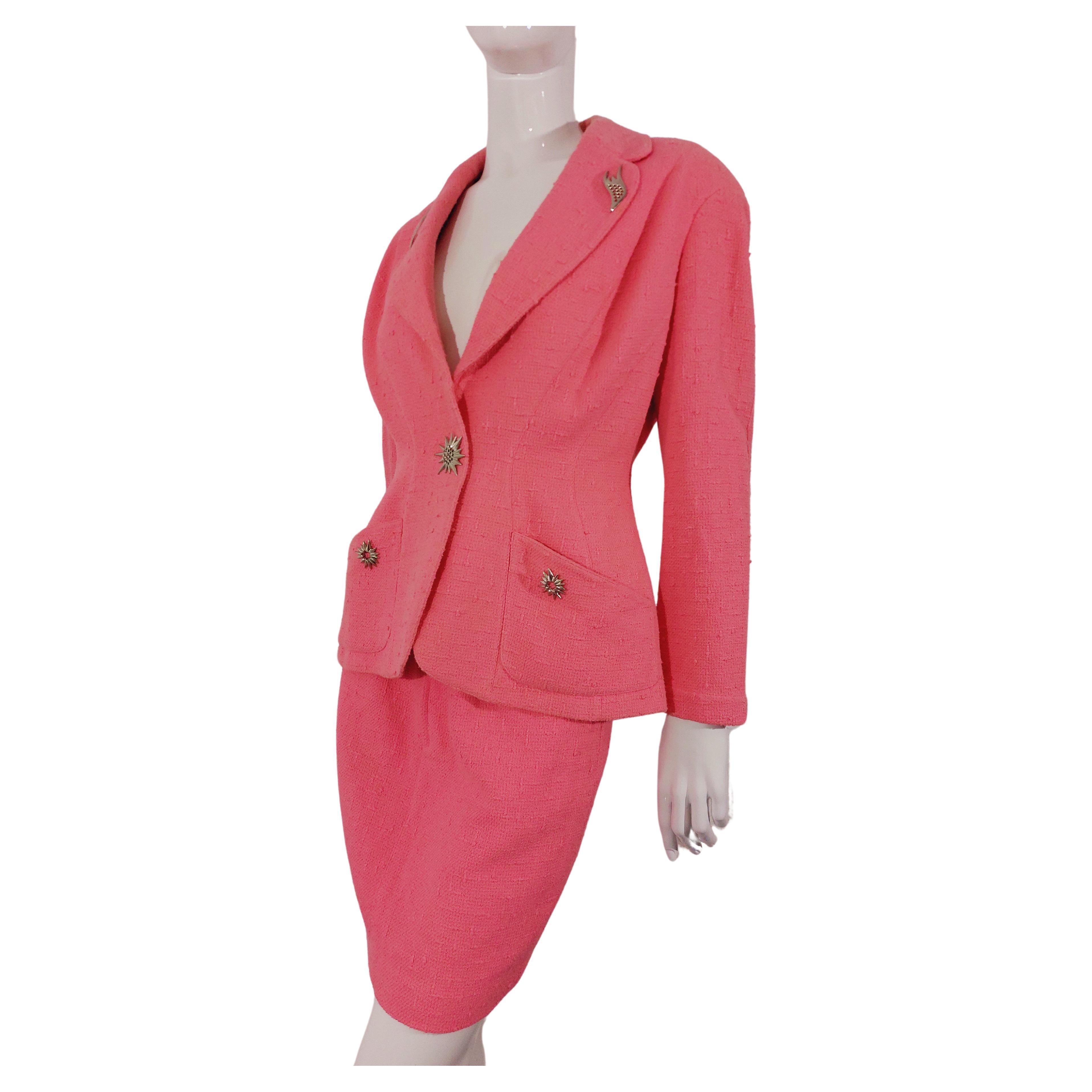 Thierry Mugler Couture Brooch FW 1990 Pin Pink Badge Blazer Skirt Suit Set For Sale