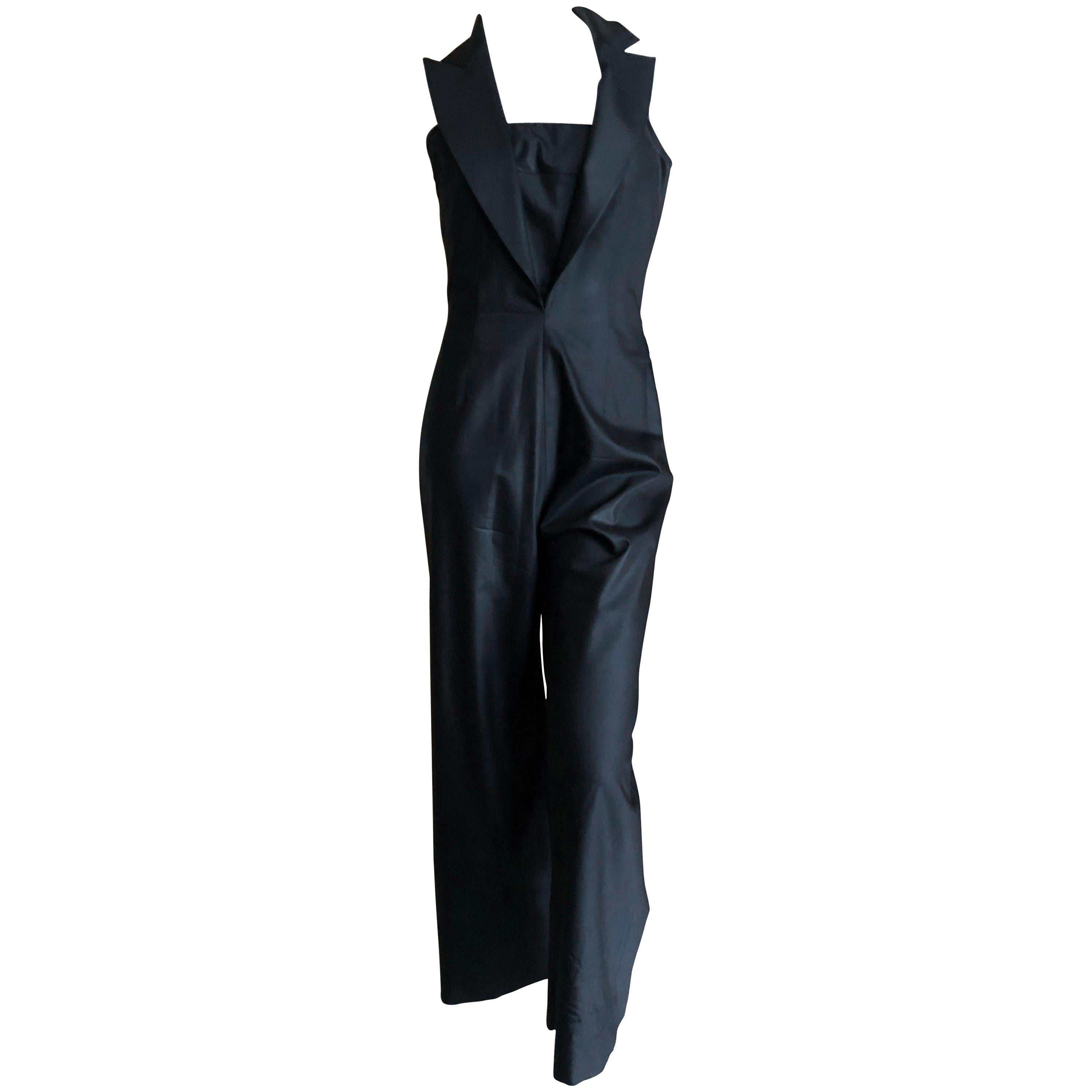 Thierry Mugler Couture Elegant Vintage 1980's Black Peak Lapel Tuxedo Jumpsuit For Sale