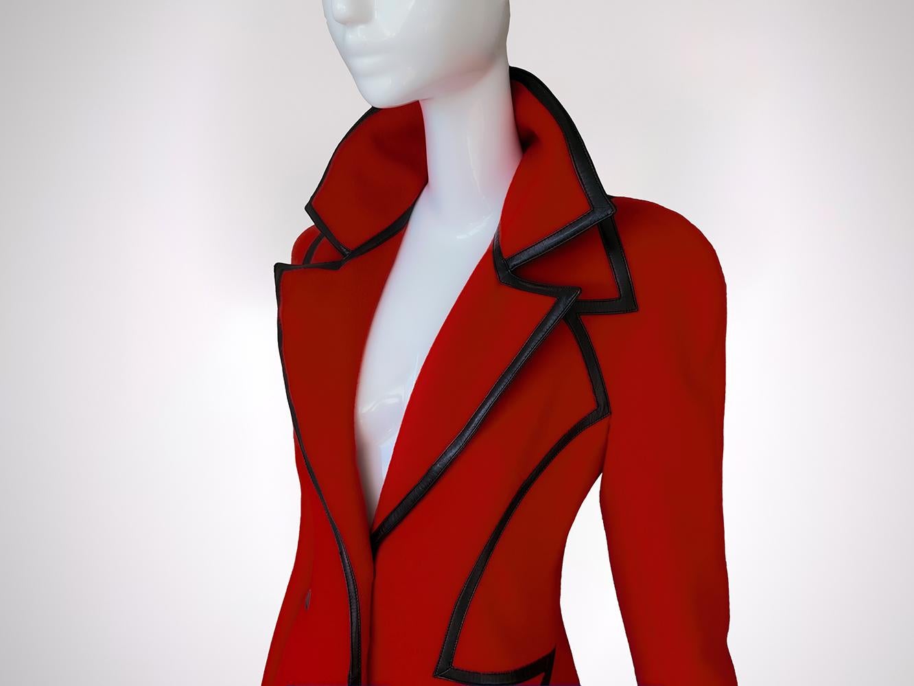 Thierry Mugler Couture FW 2001 Coat Red Black Angora Jacket Leather For Sale 2