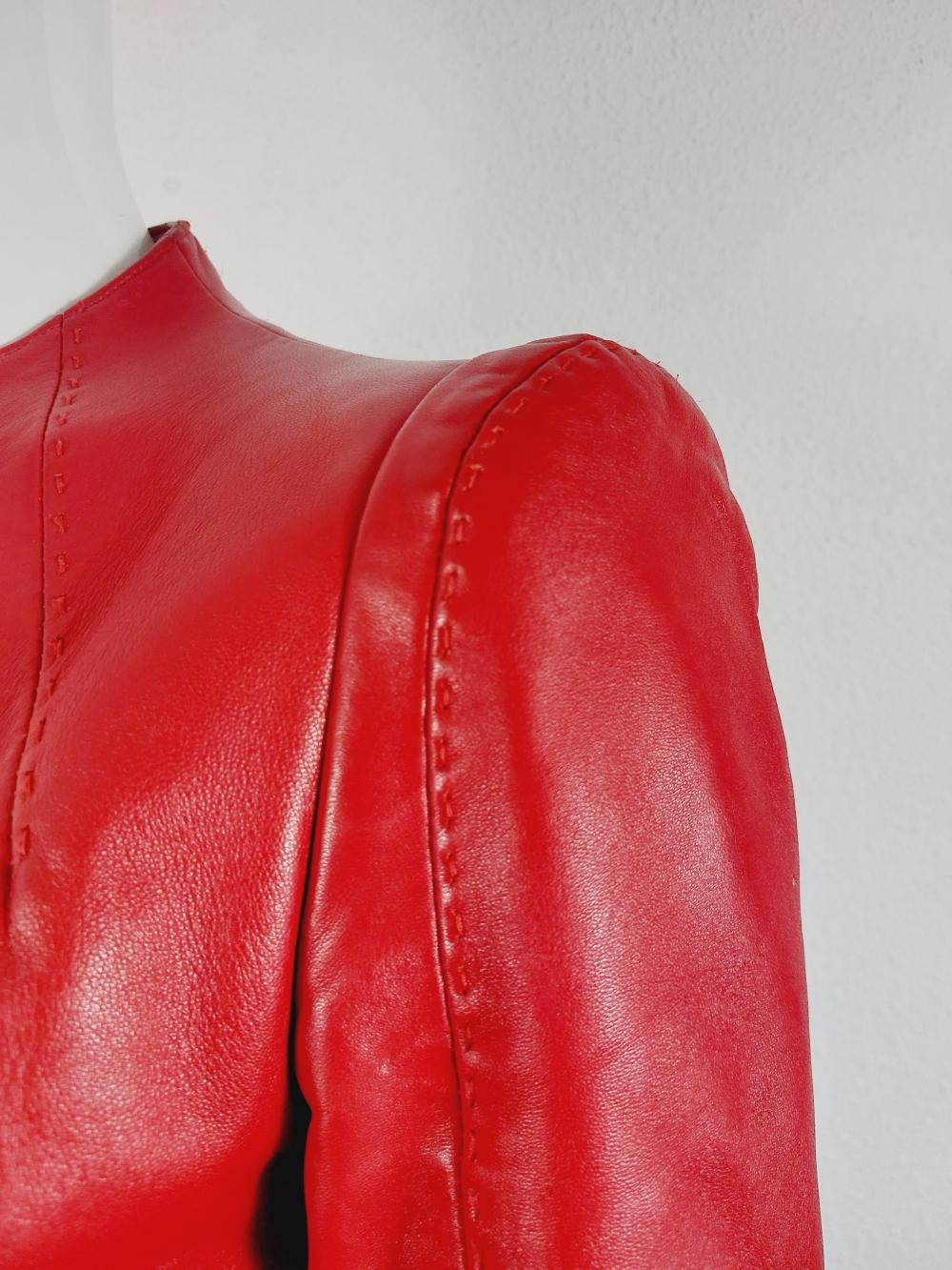 Women's Thierry Mugler Couture Red Leather Lamb Runway Wasp Waist Motorcycle 90s Jacket