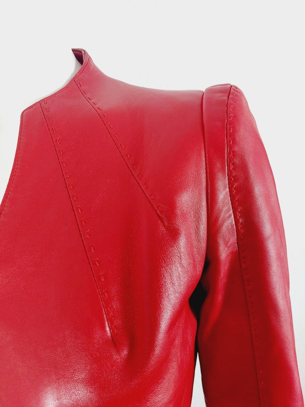 Thierry Mugler Couture Red Leather Lamb Runway Wasp Waist Motorcycle 90s Jacket 1