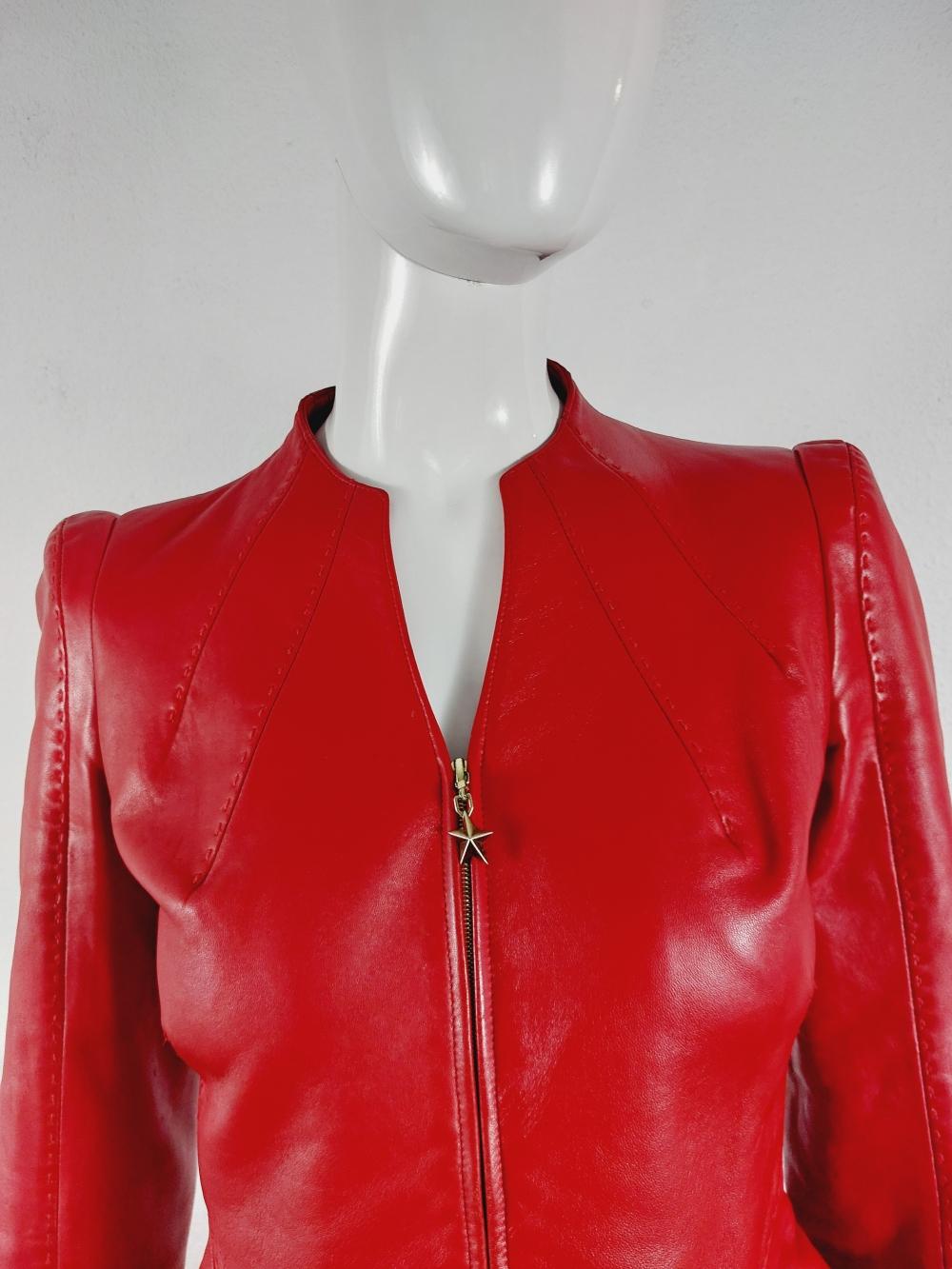 Thierry Mugler Couture Red Leather Lamb Runway Wasp Waist Motorcycle 90s Jacket 3