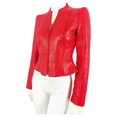 Retro Thierry Mugler Couture Red Leather Lamb Runway Wasp Waist Motorcycle 90s Jacket