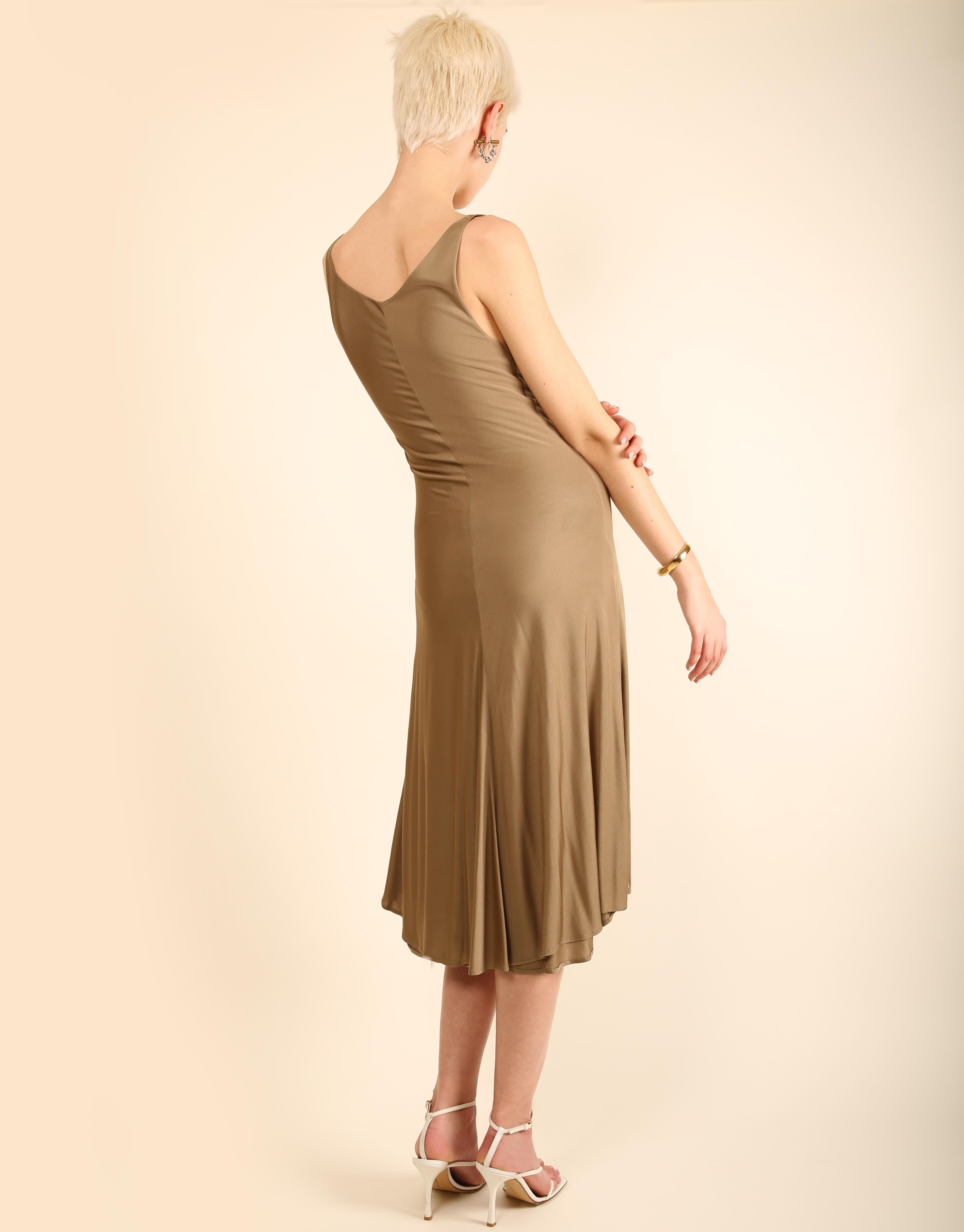 Thierry Mugler Couture taupe sleeveless plunging neck low cut silk midi dress For Sale 3