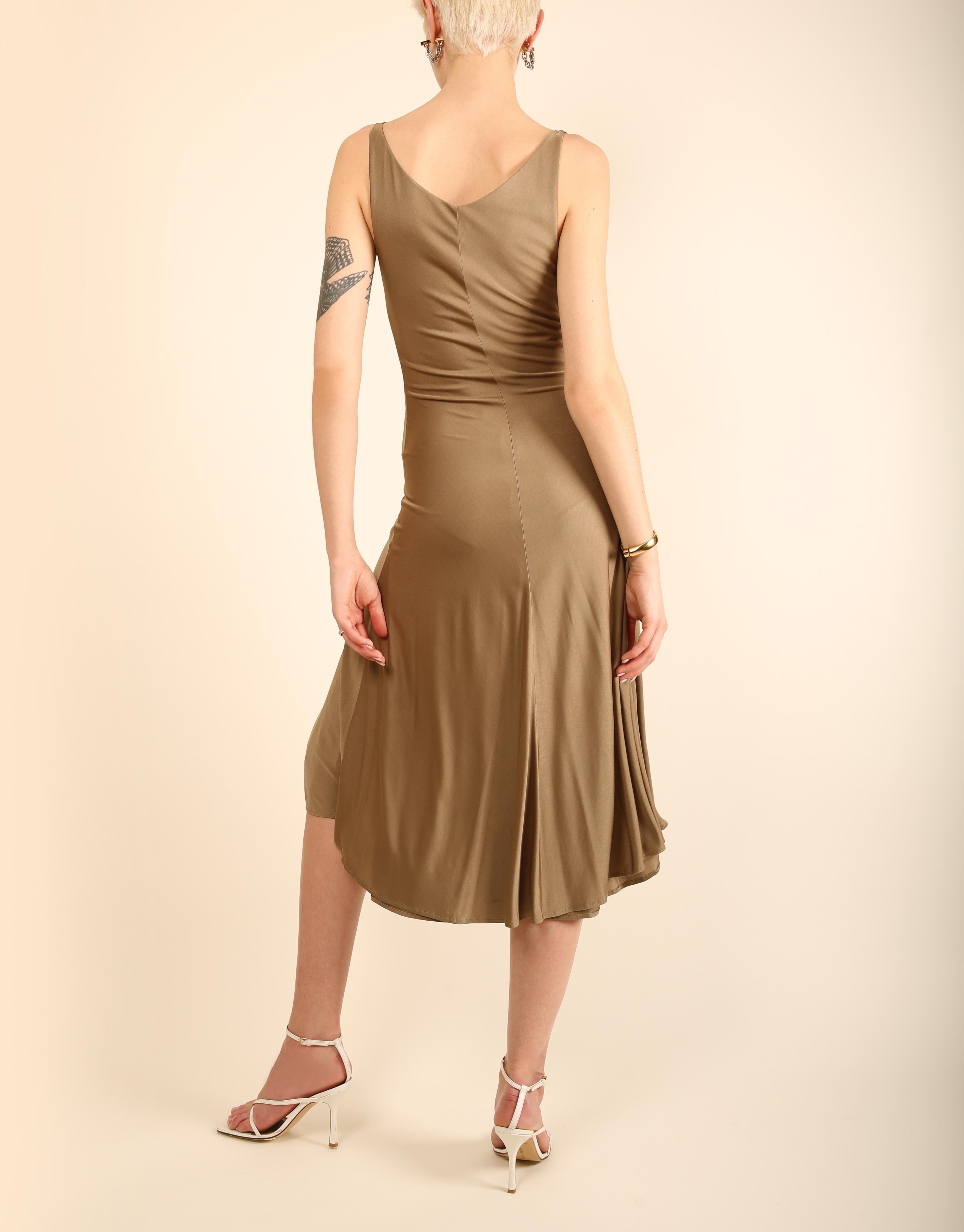 Thierry Mugler Couture taupe sleeveless plunging neck low cut silk midi dress For Sale 4