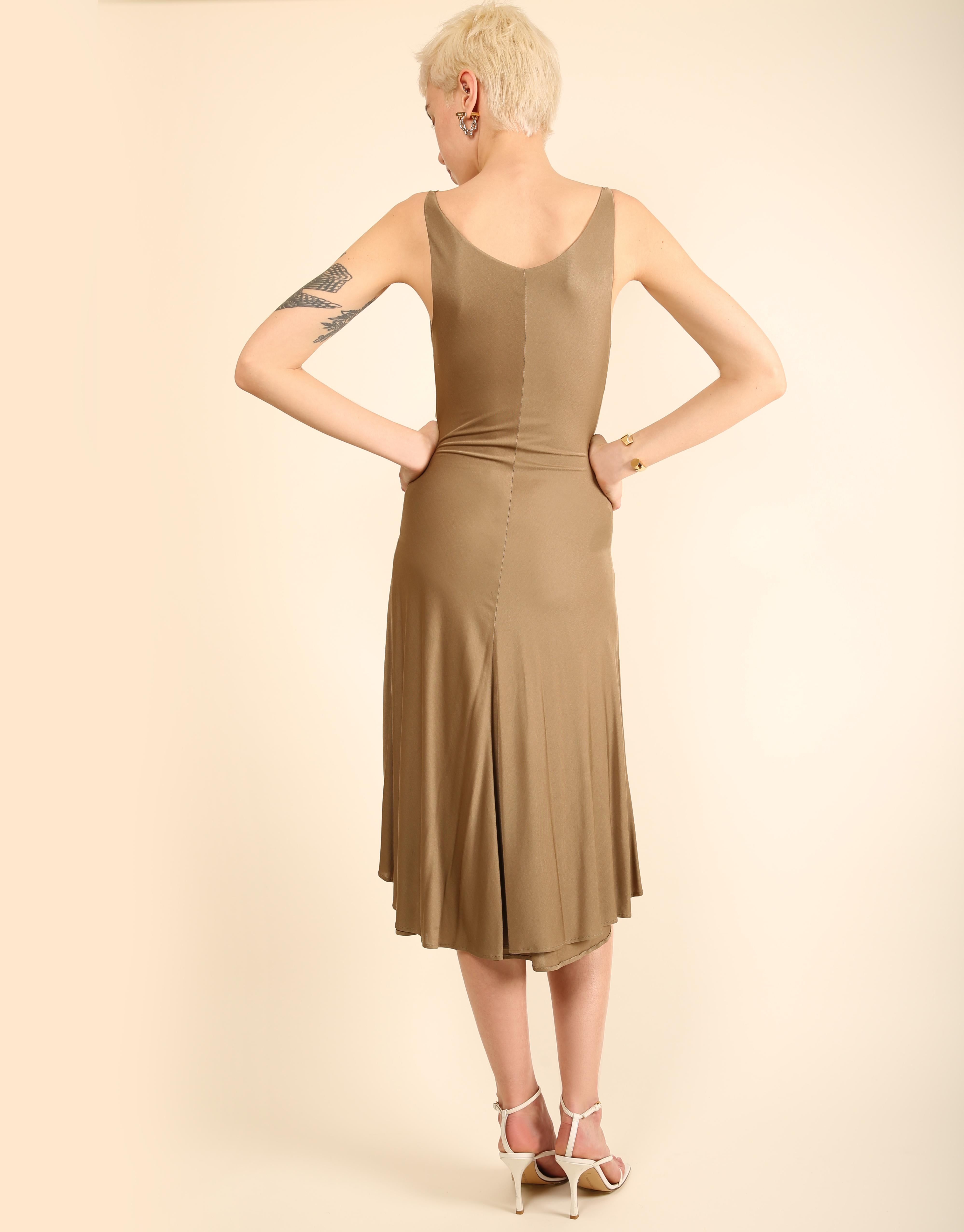 Thierry Mugler Couture taupe sleeveless plunging neck low cut silk midi dress For Sale 5