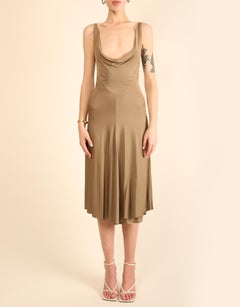 Thierry Mugler Couture taupe sleeveless plunging neck low cut silk midi dress