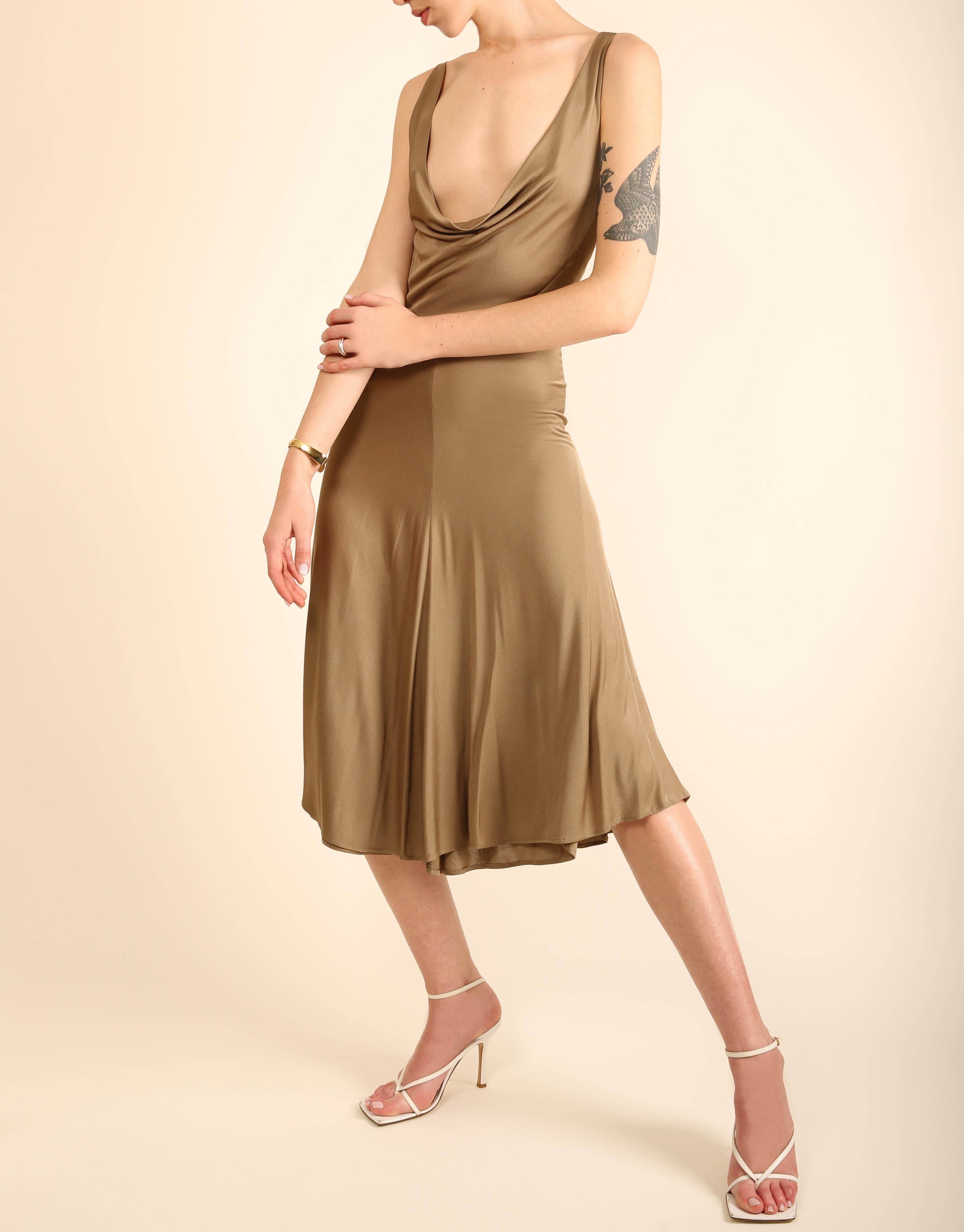 Brown Thierry Mugler Couture taupe sleeveless plunging neck low cut silk midi dress For Sale