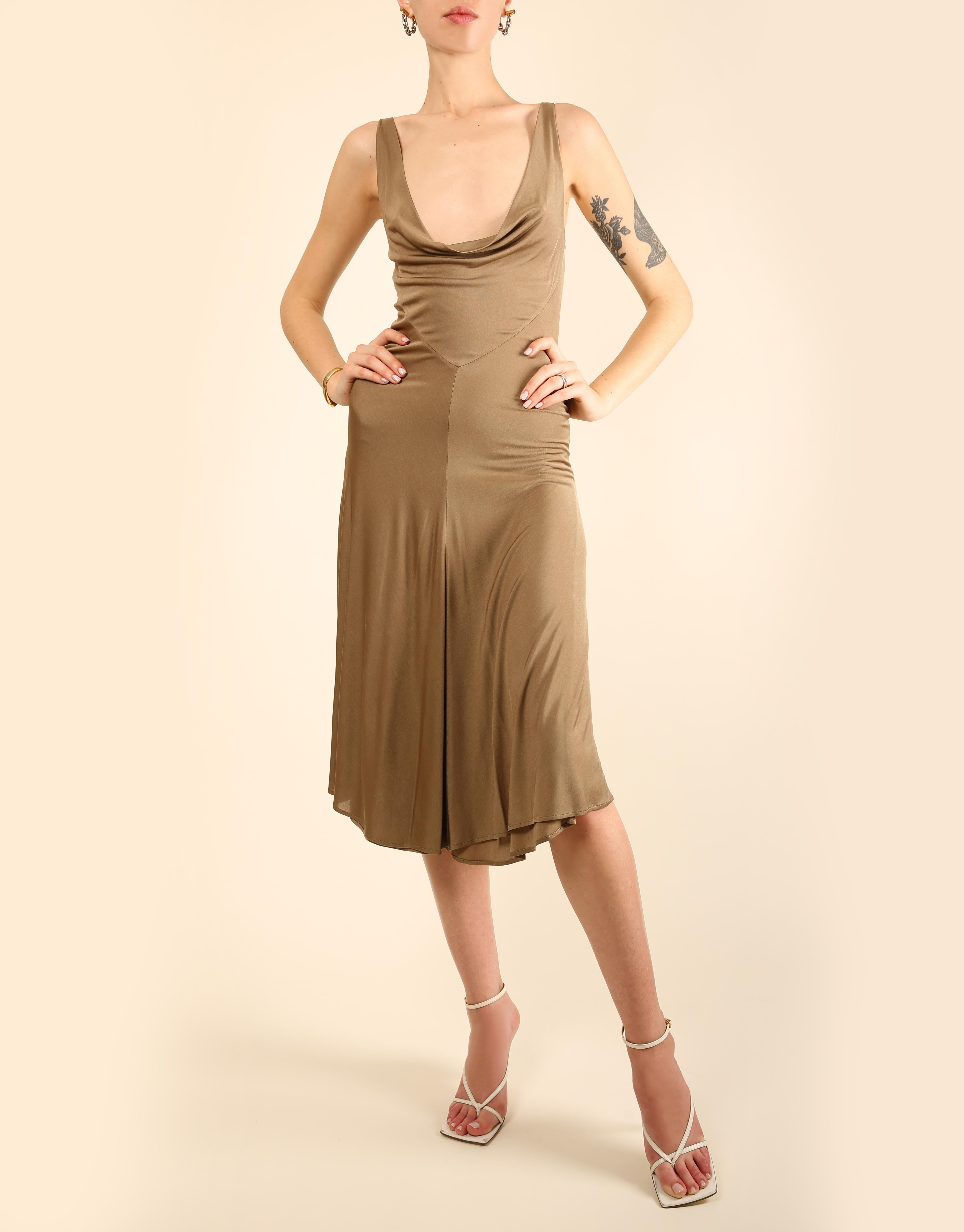 Women's or Men's Thierry Mugler Couture taupe sleeveless plunging neck low cut silk midi dress For Sale