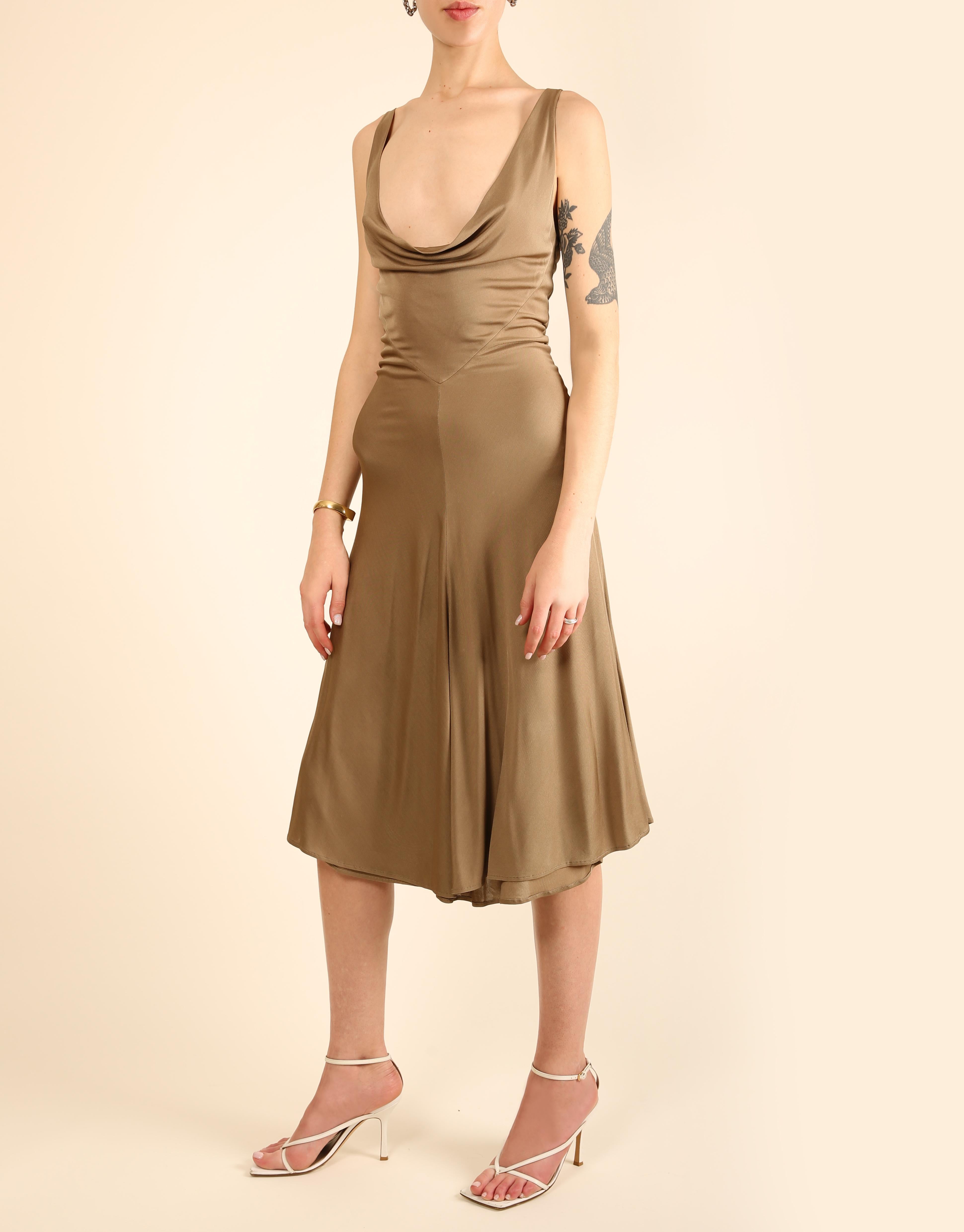 Thierry Mugler Couture taupe sleeveless plunging neck low cut silk midi dress For Sale 1