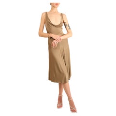 Thierry Mugler Couture taupe sleeveless plunging neck low cut silk midi dress